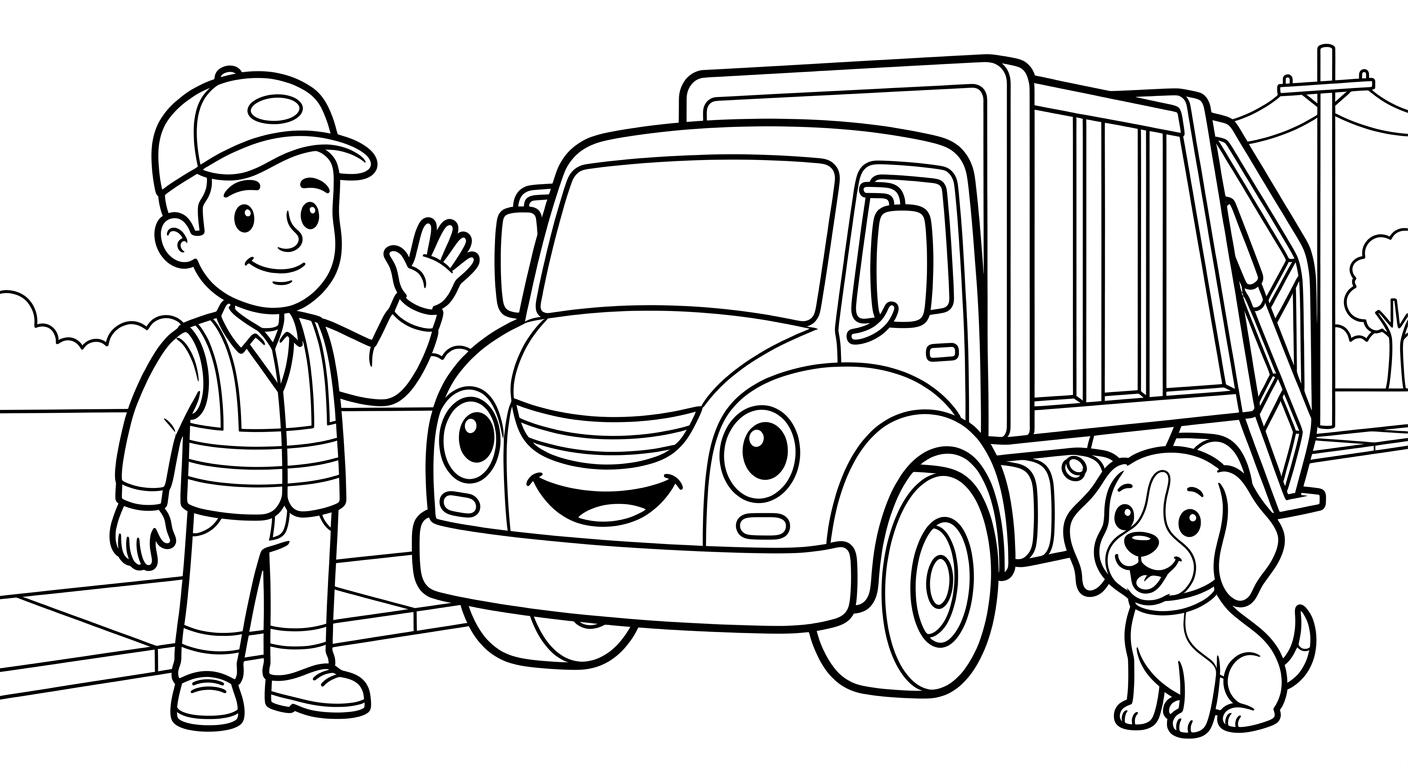 Black and white coloring book line art. A friendly cartoon sanitation worker wearing a cap and safety vest waving hello, standing beside a garbage truck with headlight eyes, the SAME chibi beagle Scout from reference sitting happily next to the worker. Clean SOLID bold black outlines, simple smooth rounded shapes, NO furry texture, pure white background, no shading, no gray, NO solid black fills, NO text or letters, large open areas to color.
quiet luxury, soft cinematic lighting, warm palette, professional, clean composition. gold and muted warm green color tones.
Do not include: cartoon, clipart, stock photo watermark, neon colors, face distortion, white coat, lab coat, doctor coat.