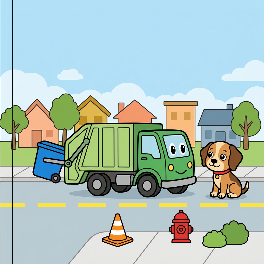 Use the attached reference image as the EXACT style, character, color and palette authority: reproduce the same smiling green cartoon garbage truck, the same tan-and-brown beagle puppy (Scout) with a red collar, and the same flat bright children's-book palette, all on-model.
A flat, bright, friendly children's vector illustration for a toddler coloring-book FRONT cover. Thick bold uniform black outlines, clean flat color fills, no shading, no texture, no photorealism, no gradients except a soft blue sky. Square, full-bleed art running to all four edges, no white border or frame.
RENDER NO TEXT: no letters, no words, no title, no badge, no signature anywhere in the image. All text is added later by the publisher.
CRITICAL VERTICAL LAYOUT — the whole scene is pushed DOWN to leave a big empty sky at the top. The TOP ~38 percent of the image MUST be empty open blue sky (lighter at the very top) with only two or three small simple white clouds, and NOTHING else up there: no houses, no rooftops, no trees, no title. This tall empty sky is deliberate headroom for a title added later. The row of houses and the horizon must start no higher than about 42 percent down from the top. Rough budget: empty sky 0 to 40 percent, houses and treetops on the horizon about 40 to 52 percent, the two hero characters centered in the 48 to 74 percent band, and the street scene from about 74 to 100 percent.
Upper-middle (around 40 to 52 percent down): a cheerful row of small colorful houses (peach, mustard-yellow, soft orange, dusty blue) with simple triangle and flat roofs plus two rounded green trees, friendly and small, sitting low on the horizon. CENTER: the two hero characters large and centered as a pair, on-model with the reference. The smiling green garbage truck has its cab and friendly face on the RIGHT side (two big oval eyes and a smile on the cab), a rounded lighter-green body, chunky black wheels, and a lifting arm holding a single bright blue recycling bin on the truck's left side. Do not mirror or flip the truck. To the truck's right sits Scout, a tan-and-light-brown beagle with darker brown ears and back patch, big round black eyes with white highlights, a black button nose, a soft happy smile, and a red collar with a small round tag, sitting upright and turned slightly toward the truck.
BOTTOM (about 74 to 100 percent): a LIVELY flat street scene that replaces any dead flat gray band. A light-gray road spanning the full width with a dashed bright-yellow center line, the truck's wheels resting on the road; above the road a lighter curb-and-sidewalk strip where Scout sits. Scatter a FEW friendly roadside props with breathing room across the bottom-center and bottom-RIGHT only: an orange-and-white traffic cone, a small fire hydrant or mailbox, and two or three small round green bushes. Keep the lower-LEFT corner clean and empty (no cone, no hydrant, no bushes, no characters) because a badge is added later in that corner. Exactly ONE recycling bin in the whole image, the blue one in the truck's arm; no second bin. Road and sidewalk bleed to the bottom and side edges.
Keep the truck-and-dog pair horizontally centered with comfortable empty margin from BOTH the left and right edges. The left ~150 px is the spine seam: background bleeds fully to the left edge with no white gap, but that strip stays plain continuous color only, plain sky on top and plain road/sidewalk on the bottom, with no houses, trees, props, bins or characters in it; the truck's rear must stay out of that left strip.
Vivid primary palette: red, sky blue, grass green, sunny yellow, warm tan. Repeat green (truck, trees, bushes) and blue (sky, the single bin). Sunny, safe, playful morning-on-a-friendly-street mood, big shapes, lots of air, uncluttered for ages 2 to 4. Flat bright fills and thick black outlines throughout. No new characters, no extra trucks, no text.
quiet luxury, soft cinematic lighting, warm palette, professional, clean composition. gold and muted warm green color tones.
Do not include: cartoon, clipart, stock photo watermark, neon colors, face distortion, white coat, lab coat, doctor coat.