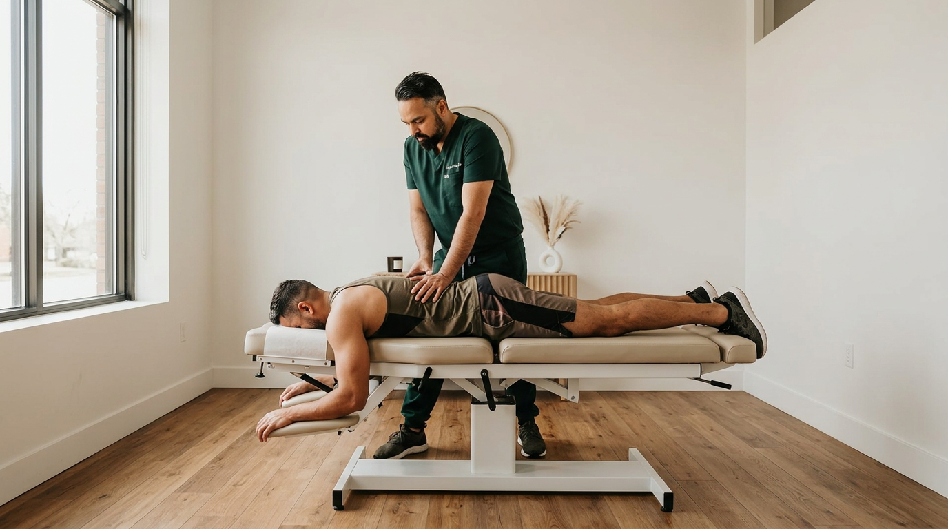 Wide angle landscape photograph of Dr. Patel, a South Asian male chiropractor wearing dark green scrubs, performing a spinal adjustment on an athletic male patient in workout clothing lying face down on a modern chiropractic table. Clean clinical treatment room with white walls, oak floors, and natural light streaming in. Professional medical photography, warm natural tones, no white coat.

[Character: drp]  Adult South Asian man with a medium-to-deep warm brown skin tone and a strong, professional
  appearance. Oval to slightly long face, with a broad forehead, high hairline, and a well-defined
  beard that gives the lower face a stronger, more angular shape. Dark black hair with visible gray
  at the temples and sides, worn short on the sides in a fade/taper and longer on top, styled upward
   and back in a clean, voluminous quiff/pompadour. Hairline sits a bit high, with slight recession
  at the temples. Thick, dark, straight to gently arched eyebrows. Dark brown, medium-sized,
  slightly deep-set eyes with a calm, focused look. Medium width nose, straight in profile, with a
  rounded tip. Medium fullness lips, lower lip slightly fuller. Full, connected beard and mustache,
  mostly black with noticeable gray/silver strands, especially at the cheeks, sideburn area, and
  chin. Beard is shorter and neater on the cheeks and fuller/longer at the chin. Strong and
  masculine jawline. Solid and broad-shouldered, medium-to-stocky frame. Upright, composed, and
  confident posture. Keep realistic skin texture, natural pores, subtle under-eye detail, and
  authentic salt-and-pepper facial hair. Do not make the face overly smooth or overly youthful.

Style: quiet luxury, soft cinematic lighting, warm palette, professional, clean composition. Colors: primary #7F6B2E, secondary #9BA17F. Typography: Bodoni Moda headings, Manrope body.

Avoid: cartoon, clipart, stock photo watermark, neon colors, face distortion, white coat, lab coat, doctor coat