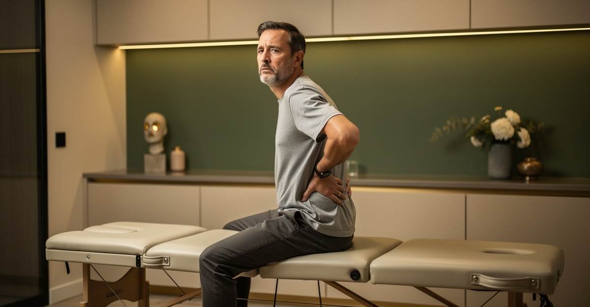 Patient alone in a modern chiropractic treatment room, seated on the edge of an adjustment table and gently resting one hand on their lower back, conveying manageable back discomfort. Wide editorial composition for a blog header. No chiropractor, no doctor, no clinician, no second person, no medical procedure, no text, no logos.
quiet luxury, soft cinematic lighting, warm palette, professional, clean composition. gold and muted warm green color tones.
Do not include: cartoon, clipart, stock photo watermark, neon colors, face distortion, white coat, lab coat, doctor coat.