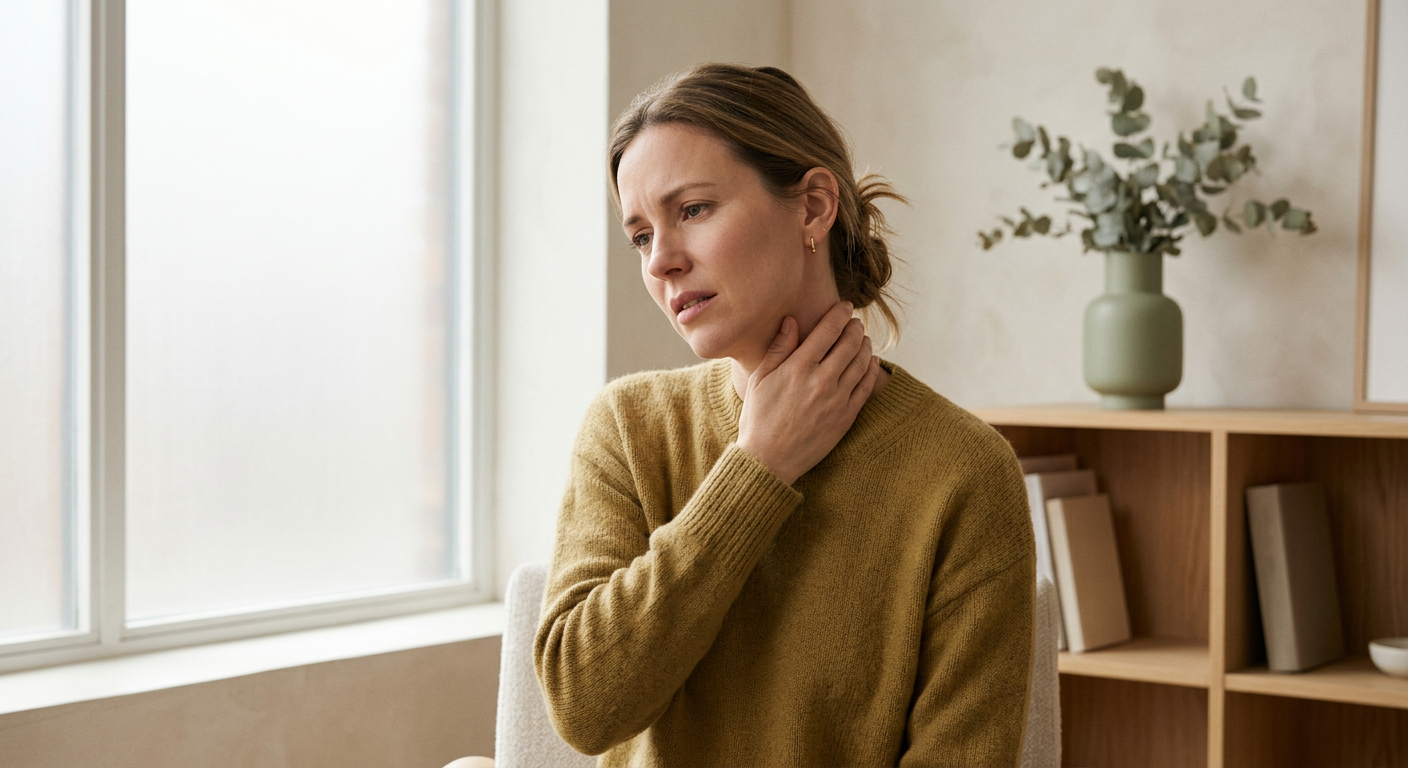 Spring allergies causing neck tension, person gently holding their neck with slight discomfort, soft natural window light, muted gold and sage brand palette, clean minimalist photography style

Style: quiet luxury, soft cinematic lighting, warm palette, professional, clean composition. Colors: primary #7F6B2E, secondary #9BA17F. Typography: Bodoni Moda headings, Manrope body.

Avoid: cartoon, clipart, stock photo watermark, neon colors, face distortion, white coat, lab coat, doctor coat