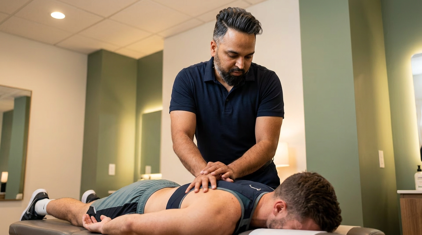 wide angle, landscape, no text, no signs, no writing, Dr. Patel performing a hands-on chiropractic spinal adjustment on an athletic male patient lying face down on a treatment table, wearing a fitted dark navy polo shirt, warm ambient clinic lighting, clean modern treatment room with sage green wall accents, patient in athletic wear, professional and focused expression, editorial documentary photography style, quiet luxury healthcare aesthetic

[Character: drp]  Adult South Asian man with a medium-to-deep warm brown skin tone and a strong, professional
  appearance. Oval to slightly long face, with a broad forehead, high hairline, and a well-defined
  beard that gives the lower face a stronger, more angular shape. Dark black hair with visible gray
  at the temples and sides, worn short on the sides in a fade/taper and longer on top, styled upward
   and back in a clean, voluminous quiff/pompadour. Hairline sits a bit high, with slight recession
  at the temples. Thick, dark, straight to gently arched eyebrows. Dark brown, medium-sized,
  slightly deep-set eyes with a calm, focused look. Medium width nose, straight in profile, with a
  rounded tip. Medium fullness lips, lower lip slightly fuller. Full, connected beard and mustache,
  mostly black with noticeable gray/silver strands, especially at the cheeks, sideburn area, and
  chin. Beard is shorter and neater on the cheeks and fuller/longer at the chin. Strong and
  masculine jawline. Solid and broad-shouldered, medium-to-stocky frame. Upright, composed, and
  confident posture. Keep realistic skin texture, natural pores, subtle under-eye detail, and
  authentic salt-and-pepper facial hair. Do not make the face overly smooth or overly youthful.

Style: quiet luxury, soft cinematic lighting, warm palette, professional, clean composition. Colors: primary #7F6B2E, secondary #9BA17F. Typography: Bodoni Moda headings, Manrope body.

Avoid: cartoon, clipart, stock photo watermark, neon colors, face distortion, white coat, lab coat, doctor coat