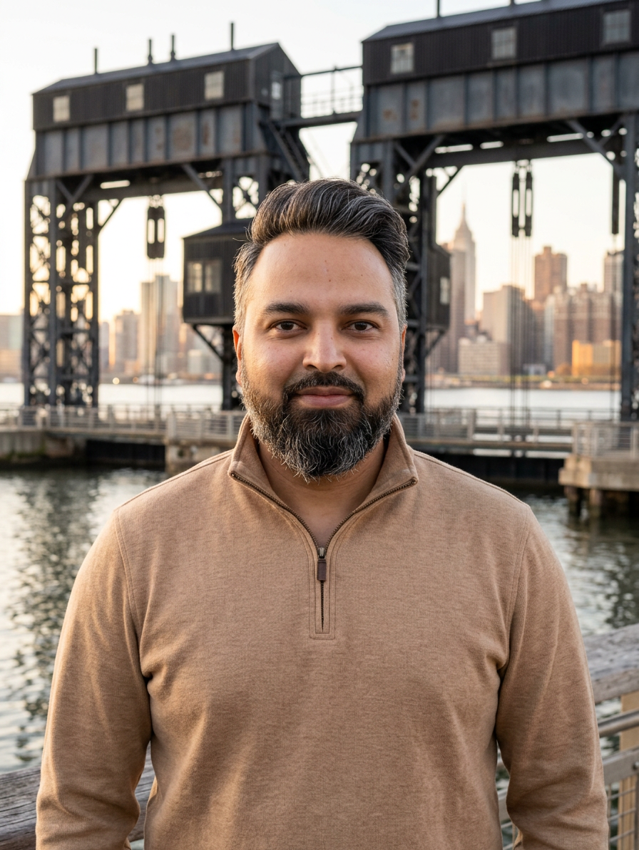 @drp portrait of Dr. Patel, a chiropractor, standing outdoors at Gantry Plaza State Park in Long Island City Queens. Historic steel gantry cranes and East River waterfront with Manhattan skyline in background. He is wearing a tan quarter-zip pullover. Arms naturally at his sides, gentle closed-mouth smile, lips together, no teeth showing. Soft golden hour light. Shot on 85mm lens, shallow depth of field, natural skin texture. No text, no overlays, no white coat, no lab coat.

[Character: drp]  Adult South Asian man with a medium-to-deep warm brown skin tone and a strong, professional
  appearance. Oval to slightly long face, with a broad forehead, high hairline, and a well-defined
  beard that gives the lower face a stronger, more angular shape. Dark black hair with visible gray
  at the temples and sides, worn short on the sides in a fade/taper and longer on top, styled upward
   and back in a clean, voluminous quiff/pompadour. Hairline sits a bit high, with slight recession
  at the temples. Thick, dark, straight to gently arched eyebrows. Dark brown, medium-sized,
  slightly deep-set eyes with a calm, focused look. Medium width nose, straight in profile, with a
  rounded tip. Medium fullness lips, lower lip slightly fuller. Full, connected beard and mustache,
  mostly black with noticeable gray/silver strands, especially at the cheeks, sideburn area, and
  chin. Beard is shorter and neater on the cheeks and fuller/longer at the chin. Strong and
  masculine jawline. Solid and broad-shouldered, medium-to-stocky frame. Upright, composed, and
  confident posture. Keep realistic skin texture, natural pores, subtle under-eye detail, and
  authentic salt-and-pepper facial hair. Do not make the face overly smooth or overly youthful.

Style: quiet luxury, soft cinematic lighting, warm palette, professional, clean composition. Colors: primary #7F6B2E, secondary #9BA17F. Typography: Bodoni Moda headings, Manrope body.

Avoid: cartoon, clipart, stock photo watermark, neon colors, face distortion, white coat, lab coat, doctor coat