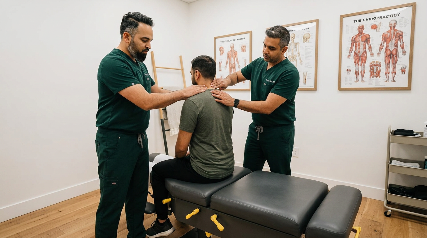 @drp Dr. Patel examining a patient neck and upper back in the Brooklyn Chiropractic Care treatment room, patient seated on adjustment table, gentle cervical palpation, soft clinical lighting, landscape wide angle, photorealistic professional medical photography
Dr. Patel: Adult South Asian man with a medium-to-deep warm brown skin tone and a strong, professional
appearance. Oval to slightly long face, with a broad forehead, high hairline, and a well-defined
beard that gives the lower face a stronger, more angular shape. Dark black hair with visible gray
at the temples and sides, worn short on the sides in a fade/taper and longer on top, styled upward
and back in a clean, voluminous quiff/pompadour. Hairline sits a bit high, with slight recession
at the temples. Thick, dark, straight to gently arched eyebrows. Dark brown, medium-sized,
slightly deep-set eyes with a calm, focused look. Medium width nose, straight in profile, with a
rounded tip. Medium fullness lips, lower lip slightly fuller. Full, connected beard and mustache,
mostly black with noticeable gray/silver strands, especially at the cheeks, sideburn area, and
chin. Beard is shorter and neater on the cheeks and fuller/longer at the chin. Strong and
masculine jawline. Solid and broad-shouldered, medium-to-stocky frame. Upright, composed, and
confident posture. Keep realistic skin texture, natural pores, subtle under-eye detail, and
authentic salt-and-pepper facial hair. Do not make the face overly smooth or overly youthful.
Treatment Room: A modern, narrow rectangular chiropractic treatment room with a clean, minimal, upscale clinical look. The room has bright matte white walls, a white ceiling, white baseboards, and light natural oak wood plank flooring with a soft warm tone. The overall design is simple, uncluttered, and professional, with a calm medical aesthetic rather than a spa aesthetic.
The central focal point of the room is a premium chiropractic treatment table placed lengthwise in the middle of the room. The table has dark charcoal or deep gray padding, a light gray to off-white metal frame, and multiple bright yellow adjustment levers and handles. The table is large, segmented, and clearly a specialized chiropractic table, not a massage table.
Along the main wall are three vertically oriented framed anatomy posters in thin black frames with white mats. The posters show classic medical anatomical illustrations, including the muscular system, skeletal system, and spinal nerves. They are evenly spaced and mounted in a straight horizontal row above and behind the table, creating a clean visual rhythm.
Near the back corner of the room is a narrow leaning ladder shelf with a black metal frame and light wood shelves. The shelf holds a small number of clinical and office items such as tissues, paper towels, wipes, baskets, and small containers. Beside the shelf is a round rolling stool with a dark padded seat and chrome base.
On one side of the room is a simple desk area with a light-colored office chair, computer equipment, and a few practical work items, but this area should remain secondary and not dominate the image. On the opposite end of the room is a white wall-mounted cabinet and a compact rolling clinical utility cart with electrotherapy or rehab equipment, folded towels, wires, and supplies.
The room also includes a black door with a tall rounded-rectangle vertical window, adding a modern architectural detail. A few visible cords and small clinical devices are acceptable, but the room should still feel tidy, intentional, and professional.
Lighting is bright, neutral-to-cool clinical overhead lighting with soft natural realism. The room should feel real, functional, and high-end, with clean lines, minimal decor, and a polished chiropractic practice atmosphere.
quiet luxury, soft cinematic lighting, warm palette, professional, clean composition. gold and muted warm green color tones.
Do not include: cartoon, clipart, stock photo watermark, neon colors, face distortion, white coat, lab coat, doctor coat.