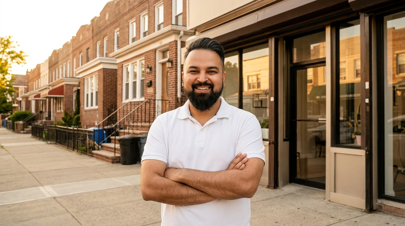 Wide angle landscape photograph of Dr. Patel standing with arms crossed and a warm smile outside a charming storefront on Fresh Pond Road in Ridgewood Queens. White polo shirt. Residential brick rowhouses and small family shops in the background typical of the Ridgewood neighborhood. Golden hour warm sunlight. Photorealistic editorial quality. No text, no signs, no writing.

[Character: drp]  Adult South Asian man with a medium-to-deep warm brown skin tone and a strong, professional
  appearance. Oval to slightly long face, with a broad forehead, high hairline, and a well-defined
  beard that gives the lower face a stronger, more angular shape. Dark black hair with visible gray
  at the temples and sides, worn short on the sides in a fade/taper and longer on top, styled upward
   and back in a clean, voluminous quiff/pompadour. Hairline sits a bit high, with slight recession
  at the temples. Thick, dark, straight to gently arched eyebrows. Dark brown, medium-sized,
  slightly deep-set eyes with a calm, focused look. Medium width nose, straight in profile, with a
  rounded tip. Medium fullness lips, lower lip slightly fuller. Full, connected beard and mustache,
  mostly black with noticeable gray/silver strands, especially at the cheeks, sideburn area, and
  chin. Beard is shorter and neater on the cheeks and fuller/longer at the chin. Strong and
  masculine jawline. Solid and broad-shouldered, medium-to-stocky frame. Upright, composed, and
  confident posture. Keep realistic skin texture, natural pores, subtle under-eye detail, and
  authentic salt-and-pepper facial hair. Do not make the face overly smooth or overly youthful.

Style: quiet luxury, soft cinematic lighting, warm palette, professional, clean composition. Colors: primary #7F6B2E, secondary #9BA17F. Typography: Bodoni Moda headings, Manrope body.

Avoid: cartoon, clipart, stock photo watermark, neon colors, face distortion
