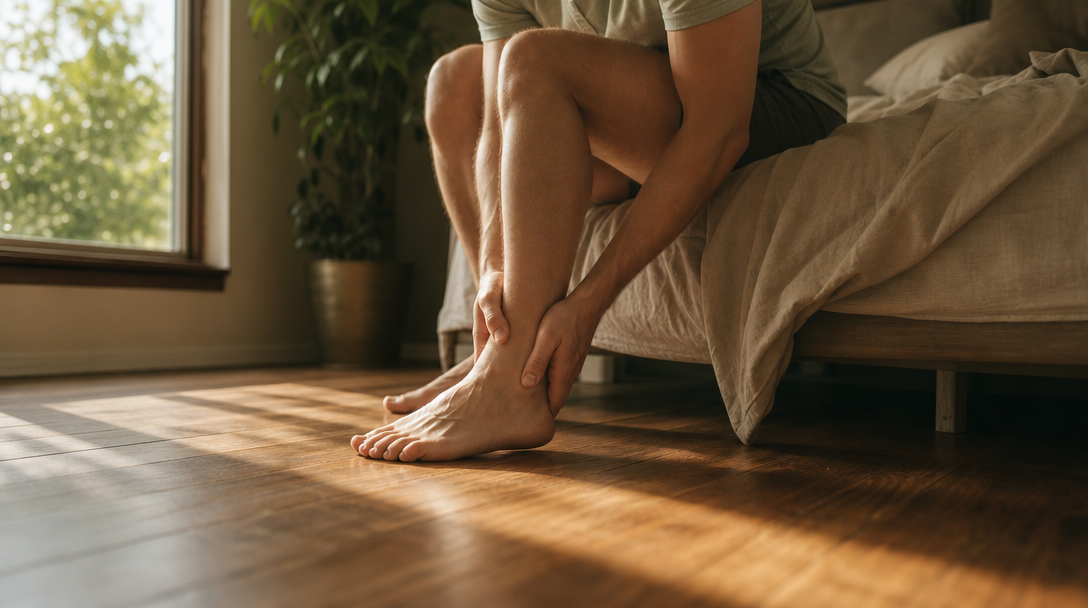 wide angle, landscape, no text, no signs, no writing, photorealistic documentary photograph of a person sitting on the edge of their bed in soft early morning light, hands cupped around their heel in clear discomfort taking the first step of the day, bare feet on warm hardwood floor, neutral linen bedding, window light streaming in, shallow depth of field focused on the foot and ankle, candid editorial style, no clinical setting, no doctor, no medical equipment

quiet luxury, soft cinematic lighting, warm palette, professional, clean composition. gold and muted warm green color tones.

Do not include: cartoon, clipart, stock photo watermark, neon colors, face distortion, white coat, lab coat, doctor coat.