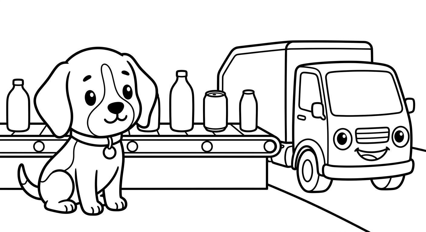 Black and white coloring book page for toddlers. The SAME chibi beagle puppy named Scout from the reference image, identical face and collar with the small round tag, sitting with ears perked up watching, ears perked watching the bottles and cans roll by, next to/with a simple recycling sorting scene of one conveyor belt with big bottle and can shapes moving along it. The truck has a friendly face from its OWN parts: the round headlights are the eyes and the front grille is a smiling mouth, no cartoon eyes on the windshield. A simple ground line under the scene, lots of white space. Clean SOLID bold black outlines, simple smooth rounded shapes, NO furry texture, pure white background, no shading, no gray, NO solid black fills anywhere, NO text or words or letters anywhere in the image, large open areas to color. CRITICAL: pure black and white line art, every object is WHITE inside with only black outlines, absolutely NO solid black fills, no dark shading, no black blobs anywhere.
quiet luxury, soft cinematic lighting, warm palette, professional, clean composition. gold and muted warm green color tones.
Do not include: cartoon, clipart, stock photo watermark, neon colors, face distortion, white coat, lab coat, doctor coat.