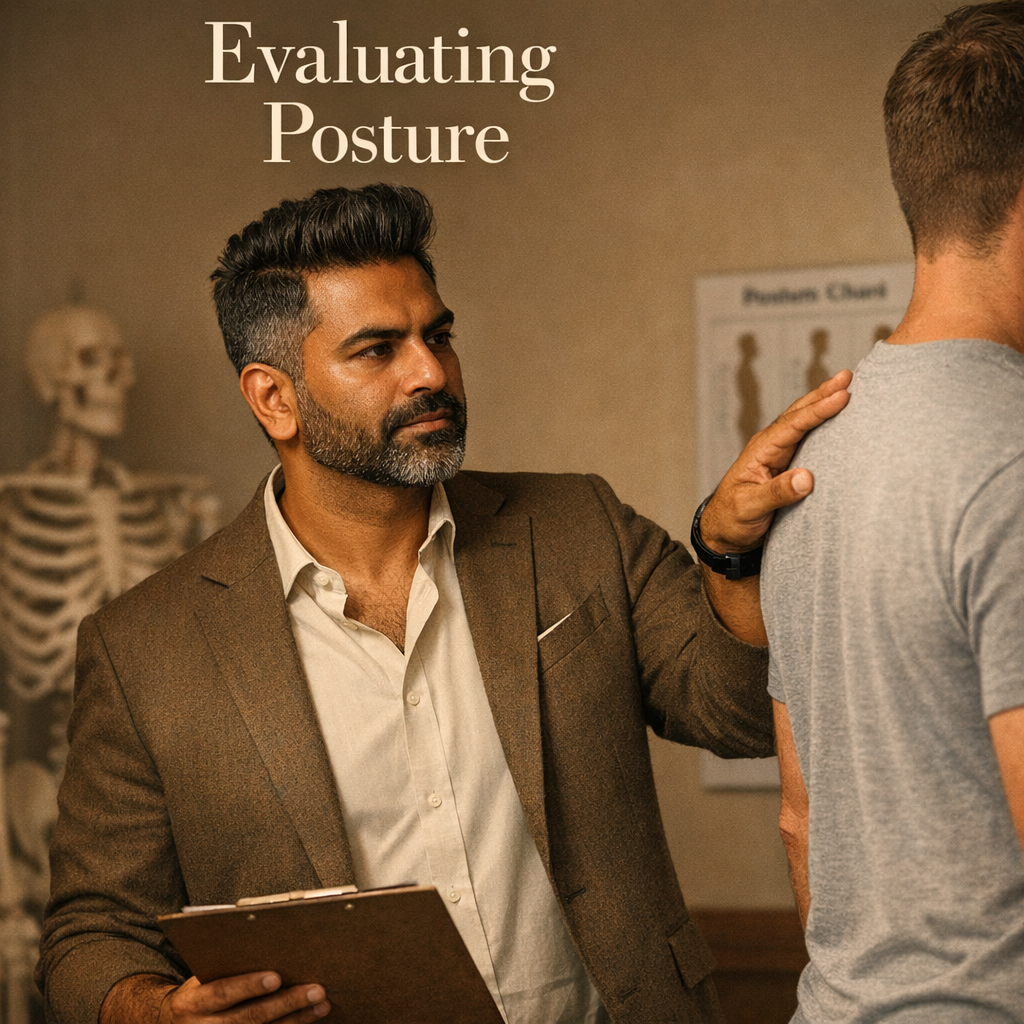 @drp evaluating a patient's posture.

[Character: drp]  Adult South Asian man with a medium-to-deep warm brown skin tone and a strong, professional
  appearance. Oval to slightly long face, with a broad forehead, high hairline, and a well-defined
  beard that gives the lower face a stronger, more angular shape. Dark black hair with visible gray
  at the temples and sides, worn short on the sides in a fade/taper and longer on top, styled upward
   and back in a clean, voluminous quiff/pompadour. Hairline sits a bit high, with slight recession
  at the temples. Thick, dark, straight to gently arched eyebrows. Dark brown, medium-sized,
  slightly deep-set eyes with a calm, focused look. Medium width nose, straight in profile, with a
  rounded tip. Medium fullness lips, lower lip slightly fuller. Full, connected beard and mustache,
  mostly black with noticeable gray/silver strands, especially at the cheeks, sideburn area, and
  chin. Beard is shorter and neater on the cheeks and fuller/longer at the chin. Strong and
  masculine jawline. Solid and broad-shouldered, medium-to-stocky frame. Upright, composed, and
  confident posture. Keep realistic skin texture, natural pores, subtle under-eye detail, and
  authentic salt-and-pepper facial hair. Do not make the face overly smooth or overly youthful.

Style: quiet luxury, soft cinematic lighting, warm palette, professional, clean composition. Colors: primary #7F6B2E, secondary #9BA17F. Typography: Bodoni Moda headings, Manrope body.

Avoid: cartoon, clipart, stock photo watermark, neon colors, face distortion