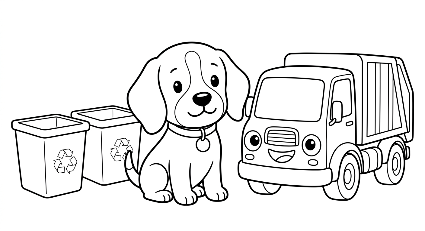 Black and white coloring book page for toddlers. The SAME chibi beagle puppy named Scout from the reference image, identical face and collar with the small round tag, sitting, next to a friendly recycling truck with a friendly face made from its own parts (round headlights are the eyes, front grille is a smiling mouth). Beside Scout are TWO empty recycling bins drawn as plain simple EMPTY OUTLINES only. The bins must be completely WHITE and EMPTY inside with just thin black outline lines, like blank shapes ready to be colored. Put a small simple recycling arrows symbol as thin black outline on the front of each bin. CRITICAL: do NOT fill the bins with black, do NOT make the bins dark or solid, do NOT put trash inside them, the bins are blank white outlines. Pure black and white line art, every object white inside with black outlines only, absolutely no solid black fills anywhere, no text or letters. Clean bold outlines, white background, large open areas to color.
quiet luxury, soft cinematic lighting, warm palette, professional, clean composition. gold and muted warm green color tones.
Do not include: cartoon, clipart, stock photo watermark, neon colors, face distortion, white coat, lab coat, doctor coat.