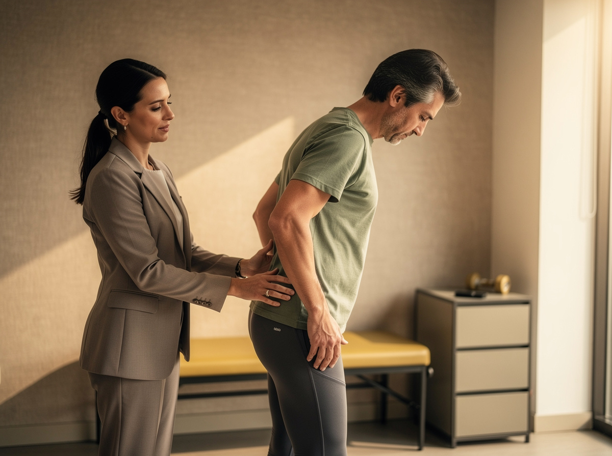 Realistic photo of an adult in a modern clinic movement assessment, emphasis on the hip to lower back connection, clinician guiding a simple hip mobility test, professional and calm, no text, no logo, no exaggerated anatomy, no weird hands, no collage

Style: quiet luxury, soft cinematic lighting, warm palette, professional, clean composition. Colors: primary #7F6B2E, secondary #9BA17F. Typography: Bodoni Moda headings, Manrope body.

Avoid: cartoon, clipart, stock photo watermark, neon colors, face distortion, white coat, lab coat, doctor coat