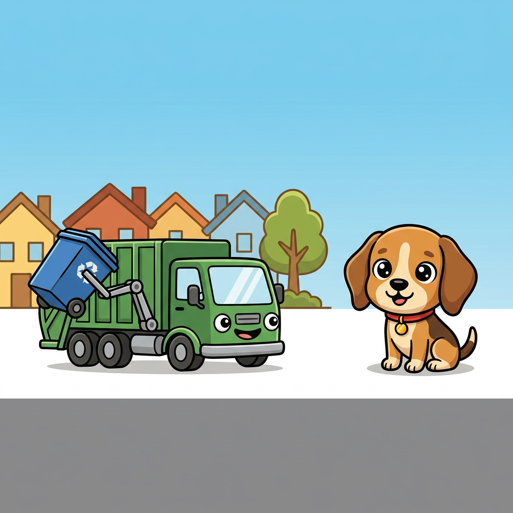 Bright cheerful full-color flat vector children picture book cover, SQUARE. TOP THIRD open plain blue sky, empty. BOTTOM FIFTH plain flat grey road, empty. MIDDLE only: a cute chibi cartoon beagle puppy with a big head, very large round friendly eyes, floppy ears, brown and tan fur, a red collar with a small round gold tag, sitting happily on the right; and a friendly green garbage truck lifting a blue recycling bin on the left. The truck has a friendly face from its own parts: two round headlights are the eyes and the front grille is a smiling mouth, empty windshield. Low simple colorful row houses and one green tree behind them. Absolutely NO text, NO words, NO letters anywhere. Bold clean black outlines, flat bright cheerful colors, professional toddler picture book art.
quiet luxury, soft cinematic lighting, warm palette, professional, clean composition. gold and muted warm green color tones.
Do not include: cartoon, clipart, stock photo watermark, neon colors, face distortion, white coat, lab coat, doctor coat.