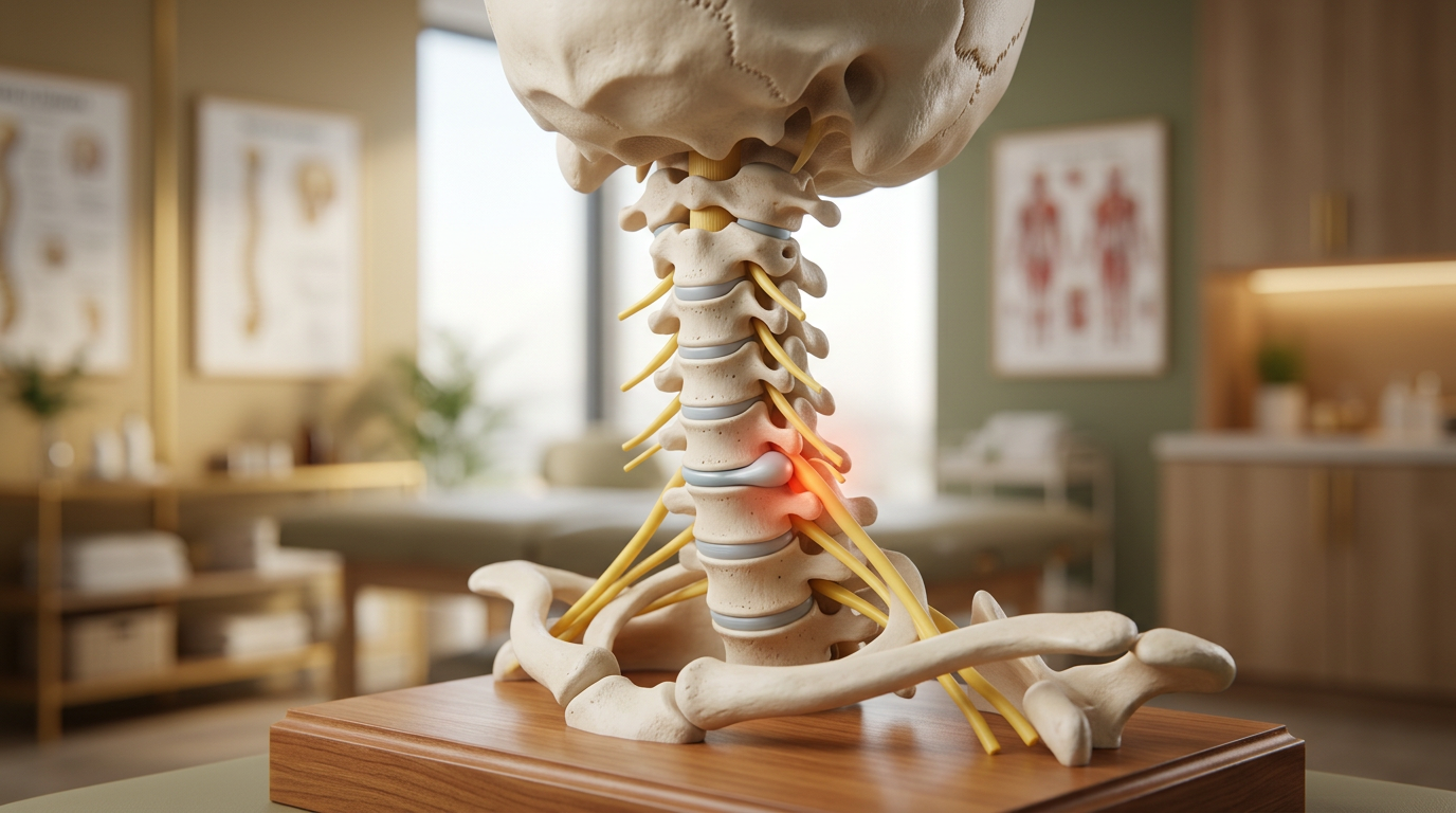 A photorealistic close-up of a physical CERVICAL SPINE anatomical teaching model, showing the base of the skull at the top and all seven neck vertebrae C1 through C7 down to the top of the shoulders. The full neck context must make it unmistakably cervical, not lumbar. Show small cervical vertebral bodies, delicate short spinous processes, and transverse foramina. At the C5-C6 level, show a pale blue-gray posterolateral disc bulge physically pressing on one continuous yellow nerve root as it exits toward the shoulder. The nerve is slightly flattened at the contact point and highlighted with a small localized red-orange glow. Clean lateral three-quarter view, wide horizontal blog featured image, softly blurred modern chiropractic clinic background. No lumbar-sized blocky vertebrae, no ribs, no people, no hands, no text, no labels, no arrows, no gore, no X-ray overlay, no multiple compression points, no disconnected or duplicated nerves.
quiet luxury, soft cinematic lighting, warm palette, professional, clean composition. gold and muted warm green color tones.
Do not include: cartoon, clipart, stock photo watermark, neon colors, face distortion, white coat, lab coat, doctor coat.