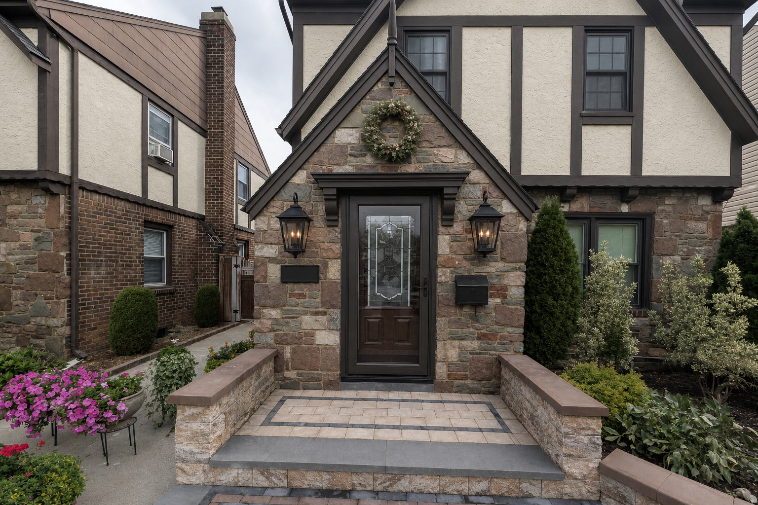 Photo-edit FIRST reference image of actual Tudor house. SECOND reference is EXACT Maxim Sutton Place VX 25-inch black 3-light wall lantern. Install matching pair on flanking stone walls next to door, physically realistic 25 inches OVERALL including top and bottom finial, not 25 inch glass body. Faithfully copy product: FOUR-SIDED tapered enclosure wider at TOP narrowing toward bottom, clear flat glass, three tall black candle sleeves with flame bulbs, broad square roof with steep concavely CURVED flared sides rising to a SHORT neck and small round ball finial, flat wide horizontal eave, short tapered lower bowl and stubby squared bottom finial. Black matte frame, no shepherd hook or visible dramatic looping support, no cylindrical glass, no pyramidal straight roof, no long bottom spike. Retain photographed product proportions, backplate behind glass. Each complete 25 inch fixture should look substantial not small against the approximately 39 inch side wall panel. Symmetrical centers and clear of door trim.
Preserve original HOUSE massing, actual unpainted irregular multicolored stone masonry pattern, gable and finial, window openings, exact original wood door AND glazed storm door and hardware. DO NOT replace doors. Preserve ALL existing hardscape including paving patterns, border colors, brown wall caps, steps and sidewalls EXACTLY. Remove loose floor lantern decor only. Coordinated renovation scheme: soft warm off-white stucco inspired by Shoji White, deep warm brown-charcoal timbers and window frames inspired by Black Fox. No white window frames left on owner's house, keep neighbors unchanged. Substantial 6 inch dark side door casings, layered stepped molding, 9 inch header/cap and TWO visibly solid tapered 12 inch CORBELS supporting cap ends outside door opening. Not thin trim or omitted corbels. No columns or new roof. Modest wreath on stone ABOVE header BELOW gable peak, clear of finial. Compact dark address plaque left, dark slim mailbox right below lanterns with CENTERLINES aligned. Do not invent numbers; blank plaque if original illegible. Original planting beds, tidy low planting, no new planters or hardscape. Soft neutral daylight with gentle warm bulbs, clear overall entrance and enough upper facade for dark window scheme. Photorealistic same-house product placement concept. No text overlays or product screenshot inset. Main acceptance: recognizable original doors/hardscape and recognizable exact SUTTON PLACE lantern geometry from product reference, in a substantial matching pair.