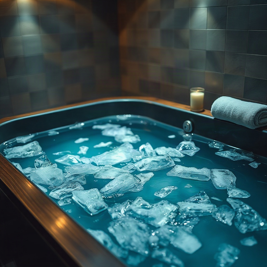 Editorial photo of an indoor athletic cold plunge tub at a neighborhood gym after a workout. Clear cold water with a few visible ice pieces, condensation on the dark tub exterior, cool crisp ambient light, folded towel nearby, no person and no face. Absolutely no steam, no vapor, no mist, no sauna, no hot tub, no warm water, no candles, no text, no logos.

quiet luxury, soft cinematic lighting, warm palette, professional, clean composition. gold and muted warm green color tones.

Do not include: cartoon, clipart, stock photo watermark, neon colors, face distortion, white coat, lab coat, doctor coat.