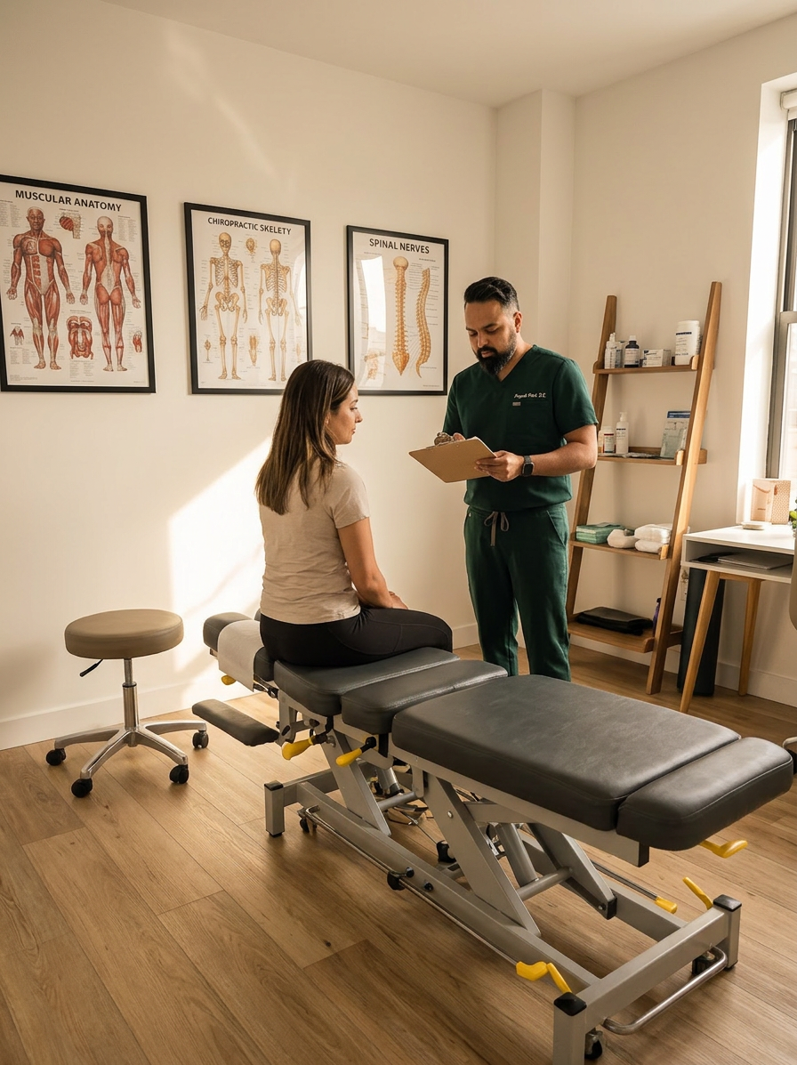 @drp Dr. Patel in dark green scrubs consulting with a patient in the treatment room, reviewing a care plan on a clipboard, warm natural light, patient sitting on adjustment table, Brooklyn chiropractic office, landscape wide angle, photorealistic professional medical photography
Dr. Patel: Adult South Asian man with a medium-to-deep warm brown skin tone and a strong, professional
appearance. Oval to slightly long face, with a broad forehead, high hairline, and a well-defined
beard that gives the lower face a stronger, more angular shape. Dark black hair with visible gray
at the temples and sides, worn short on the sides in a fade/taper and longer on top, styled upward
and back in a clean, voluminous quiff/pompadour. Hairline sits a bit high, with slight recession
at the temples. Thick, dark, straight to gently arched eyebrows. Dark brown, medium-sized,
slightly deep-set eyes with a calm, focused look. Medium width nose, straight in profile, with a
rounded tip. Medium fullness lips, lower lip slightly fuller. Full, connected beard and mustache,
mostly black with noticeable gray/silver strands, especially at the cheeks, sideburn area, and
chin. Beard is shorter and neater on the cheeks and fuller/longer at the chin. Strong and
masculine jawline. Solid and broad-shouldered, medium-to-stocky frame. Upright, composed, and
confident posture. Keep realistic skin texture, natural pores, subtle under-eye detail, and
authentic salt-and-pepper facial hair. Do not make the face overly smooth or overly youthful.
Treatment Room: A modern, narrow rectangular chiropractic treatment room with a clean, minimal, upscale clinical look. The room has bright matte white walls, a white ceiling, white baseboards, and light natural oak wood plank flooring with a soft warm tone. The overall design is simple, uncluttered, and professional, with a calm medical aesthetic rather than a spa aesthetic.
The central focal point of the room is a premium chiropractic treatment table placed lengthwise in the middle of the room. The table has dark charcoal or deep gray padding, a light gray to off-white metal frame, and multiple bright yellow adjustment levers and handles. The table is large, segmented, and clearly a specialized chiropractic table, not a massage table.
Along the main wall are three vertically oriented framed anatomy posters in thin black frames with white mats. The posters show classic medical anatomical illustrations, including the muscular system, skeletal system, and spinal nerves. They are evenly spaced and mounted in a straight horizontal row above and behind the table, creating a clean visual rhythm.
Near the back corner of the room is a narrow leaning ladder shelf with a black metal frame and light wood shelves. The shelf holds a small number of clinical and office items such as tissues, paper towels, wipes, baskets, and small containers. Beside the shelf is a round rolling stool with a dark padded seat and chrome base.
On one side of the room is a simple desk area with a light-colored office chair, computer equipment, and a few practical work items, but this area should remain secondary and not dominate the image. On the opposite end of the room is a white wall-mounted cabinet and a compact rolling clinical utility cart with electrotherapy or rehab equipment, folded towels, wires, and supplies.
The room also includes a black door with a tall rounded-rectangle vertical window, adding a modern architectural detail. A few visible cords and small clinical devices are acceptable, but the room should still feel tidy, intentional, and professional.
Lighting is bright, neutral-to-cool clinical overhead lighting with soft natural realism. The room should feel real, functional, and high-end, with clean lines, minimal decor, and a polished chiropractic practice atmosphere.
quiet luxury, soft cinematic lighting, warm palette, professional, clean composition. gold and muted warm green color tones.
Do not include: cartoon, clipart, stock photo watermark, neon colors, face distortion, white coat, lab coat, doctor coat.