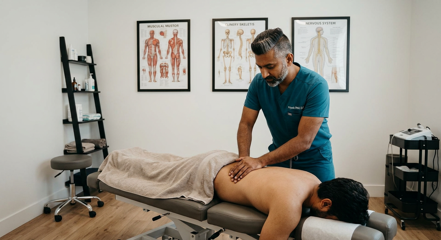 adjusting a patients lower back in the clinic

[Character: drp]  Adult South Asian man with a medium-to-deep warm brown skin tone and a strong, professional
  appearance. Oval to slightly long face, with a broad forehead, high hairline, and a well-defined
  beard that gives the lower face a stronger, more angular shape. Dark black hair with visible gray
  at the temples and sides, worn short on the sides in a fade/taper and longer on top, styled upward
   and back in a clean, voluminous quiff/pompadour. Hairline sits a bit high, with slight recession
  at the temples. Thick, dark, straight to gently arched eyebrows. Dark brown, medium-sized,
  slightly deep-set eyes with a calm, focused look. Medium width nose, straight in profile, with a
  rounded tip. Medium fullness lips, lower lip slightly fuller. Full, connected beard and mustache,
  mostly black with noticeable gray/silver strands, especially at the cheeks, sideburn area, and
  chin. Beard is shorter and neater on the cheeks and fuller/longer at the chin. Strong and
  masculine jawline. Solid and broad-shouldered, medium-to-stocky frame. Upright, composed, and
  confident posture. Keep realistic skin texture, natural pores, subtle under-eye detail, and
  authentic salt-and-pepper facial hair. Do not make the face overly smooth or overly youthful.
[Character: clinic] A modern, narrow rectangular chiropractic treatment room with a clean, minimal, upscale clinical look. The room has bright matte white walls, a white ceiling, white baseboards, and light natural oak wood plank flooring with a soft warm tone. The overall design is simple, uncluttered, and professional, with a calm medical aesthetic rather than a spa aesthetic.

The central focal point of the room is a premium chiropractic treatment table placed lengthwise in the middle of the room. The table has dark charcoal or deep gray padding, a light gray to off-white metal frame, and multiple bright yellow adjustment levers and handles. The table is large, segmented, and clearly a specialized chiropractic table, not a massage table.

Along the main wall are three vertically oriented framed anatomy posters in thin black frames with white mats. The posters show classic medical anatomical illustrations, including the muscular system, skeletal system, and spinal nerves. They are evenly spaced and mounted in a straight horizontal row above and behind the table, creating a clean visual rhythm.

Near the back corner of the room is a narrow leaning ladder shelf with a black metal frame and light wood shelves. The shelf holds a small number of clinical and office items such as tissues, paper towels, wipes, baskets, and small containers. Beside the shelf is a round rolling stool with a dark padded seat and chrome base.

On one side of the room is a simple desk area with a light-colored office chair, computer equipment, and a few practical work items, but this area should remain secondary and not dominate the image. On the opposite end of the room is a white wall-mounted cabinet and a compact rolling clinical utility cart with electrotherapy or rehab equipment, folded towels, wires, and supplies.

The room also includes a black door with a tall rounded-rectangle vertical window, adding a modern architectural detail. A few visible cords and small clinical devices are acceptable, but the room should still feel tidy, intentional, and professional.

Lighting is bright, neutral-to-cool clinical overhead lighting with soft natural realism. The room should feel real, functional, and high-end, with clean lines, minimal decor, and a polished chiropractic practice atmosphere.

Style: quiet luxury, soft cinematic lighting, warm palette, professional, clean composition. Colors: primary #7F6B2E, secondary #9BA17F. Typography: Bodoni Moda headings, Manrope body.

Avoid: cartoon, clipart, stock photo watermark, neon colors, face distortion
