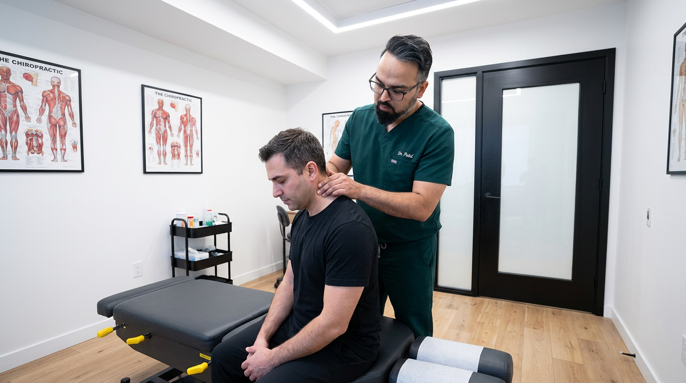 @drp Dr. Patel in dark green scrubs examining a patient neck in a modern chiropractic clinic, patient seated on treatment table, gentle cervical palpation, warm clinical lighting, landscape wide angle, photorealistic professional medical photography

Dr. Patel:  Adult South Asian man with a medium-to-deep warm brown skin tone and a strong, professional
  appearance. Oval to slightly long face, with a broad forehead, high hairline, and a well-defined
  beard that gives the lower face a stronger, more angular shape. Dark black hair with visible gray
  at the temples and sides, worn short on the sides in a fade/taper and longer on top, styled upward
   and back in a clean, voluminous quiff/pompadour. Hairline sits a bit high, with slight recession
  at the temples. Thick, dark, straight to gently arched eyebrows. Dark brown, medium-sized,
  slightly deep-set eyes with a calm, focused look. Medium width nose, straight in profile, with a
  rounded tip. Medium fullness lips, lower lip slightly fuller. Full, connected beard and mustache,
  mostly black with noticeable gray/silver strands, especially at the cheeks, sideburn area, and
  chin. Beard is shorter and neater on the cheeks and fuller/longer at the chin. Strong and
  masculine jawline. Solid and broad-shouldered, medium-to-stocky frame. Upright, composed, and
  confident posture. Keep realistic skin texture, natural pores, subtle under-eye detail, and
  authentic salt-and-pepper facial hair. Do not make the face overly smooth or overly youthful.
Treatment Room: A modern, narrow rectangular chiropractic treatment room with a clean, minimal, upscale clinical look. The room has bright matte white walls, a white ceiling, white baseboards, and light natural oak wood plank flooring with a soft warm tone. The overall design is simple, uncluttered, and professional, with a calm medical aesthetic rather than a spa aesthetic.

The central focal point of the room is a premium chiropractic treatment table placed lengthwise in the middle of the room. The table has dark charcoal or deep gray padding, a light gray to off-white metal frame, and multiple bright yellow adjustment levers and handles. The table is large, segmented, and clearly a specialized chiropractic table, not a massage table.

Along the main wall are three vertically oriented framed anatomy posters in thin black frames with white mats. The posters show classic medical anatomical illustrations, including the muscular system, skeletal system, and spinal nerves. They are evenly spaced and mounted in a straight horizontal row above and behind the table, creating a clean visual rhythm.

Near the back corner of the room is a narrow leaning ladder shelf with a black metal frame and light wood shelves. The shelf holds a small number of clinical and office items such as tissues, paper towels, wipes, baskets, and small containers. Beside the shelf is a round rolling stool with a dark padded seat and chrome base.

On one side of the room is a simple desk area with a light-colored office chair, computer equipment, and a few practical work items, but this area should remain secondary and not dominate the image. On the opposite end of the room is a white wall-mounted cabinet and a compact rolling clinical utility cart with electrotherapy or rehab equipment, folded towels, wires, and supplies.

The room also includes a black door with a tall rounded-rectangle vertical window, adding a modern architectural detail. A few visible cords and small clinical devices are acceptable, but the room should still feel tidy, intentional, and professional.

Lighting is bright, neutral-to-cool clinical overhead lighting with soft natural realism. The room should feel real, functional, and high-end, with clean lines, minimal decor, and a polished chiropractic practice atmosphere.

quiet luxury, soft cinematic lighting, warm palette, professional, clean composition. gold and muted warm green color tones.

Do not include: cartoon, clipart, stock photo watermark, neon colors, face distortion, white coat, lab coat, doctor coat.