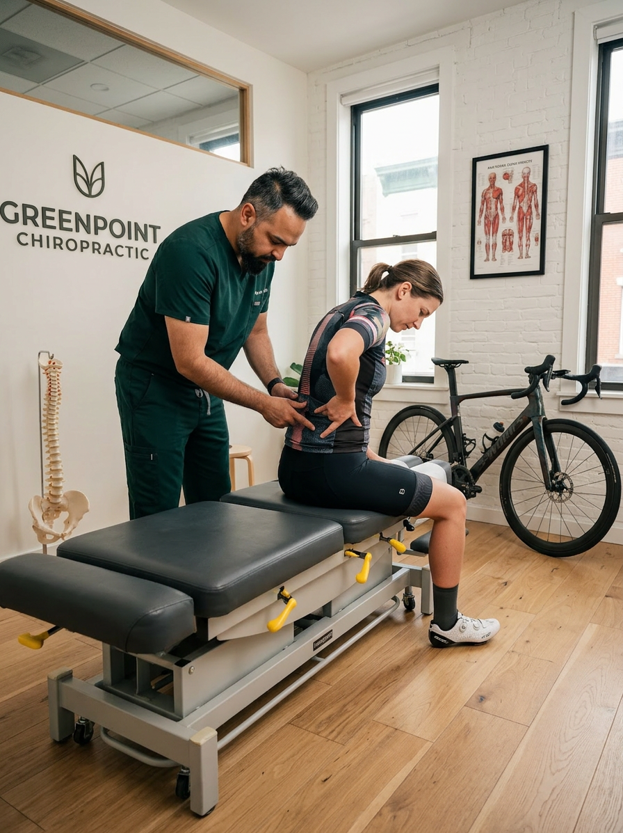 @drp Dr. Patel in dark green scrubs examining the lower back of a patient who is a cyclist, road bike leaning against wall in background, bright modern Greenpoint chiropractic office with white walls and oak floors, landscape wide angle, photorealistic professional medical photography

Dr. Patel:  Adult South Asian man with a medium-to-deep warm brown skin tone and a strong, professional
  appearance. Oval to slightly long face, with a broad forehead, high hairline, and a well-defined
  beard that gives the lower face a stronger, more angular shape. Dark black hair with visible gray
  at the temples and sides, worn short on the sides in a fade/taper and longer on top, styled upward
   and back in a clean, voluminous quiff/pompadour. Hairline sits a bit high, with slight recession
  at the temples. Thick, dark, straight to gently arched eyebrows. Dark brown, medium-sized,
  slightly deep-set eyes with a calm, focused look. Medium width nose, straight in profile, with a
  rounded tip. Medium fullness lips, lower lip slightly fuller. Full, connected beard and mustache,
  mostly black with noticeable gray/silver strands, especially at the cheeks, sideburn area, and
  chin. Beard is shorter and neater on the cheeks and fuller/longer at the chin. Strong and
  masculine jawline. Solid and broad-shouldered, medium-to-stocky frame. Upright, composed, and
  confident posture. Keep realistic skin texture, natural pores, subtle under-eye detail, and
  authentic salt-and-pepper facial hair. Do not make the face overly smooth or overly youthful.
Treatment Room: A modern, narrow rectangular chiropractic treatment room with a clean, minimal, upscale clinical look. The room has bright matte white walls, a white ceiling, white baseboards, and light natural oak wood plank flooring with a soft warm tone. The overall design is simple, uncluttered, and professional, with a calm medical aesthetic rather than a spa aesthetic.

The central focal point of the room is a premium chiropractic treatment table placed lengthwise in the middle of the room. The table has dark charcoal or deep gray padding, a light gray to off-white metal frame, and multiple bright yellow adjustment levers and handles. The table is large, segmented, and clearly a specialized chiropractic table, not a massage table.

Along the main wall are three vertically oriented framed anatomy posters in thin black frames with white mats. The posters show classic medical anatomical illustrations, including the muscular system, skeletal system, and spinal nerves. They are evenly spaced and mounted in a straight horizontal row above and behind the table, creating a clean visual rhythm.

Near the back corner of the room is a narrow leaning ladder shelf with a black metal frame and light wood shelves. The shelf holds a small number of clinical and office items such as tissues, paper towels, wipes, baskets, and small containers. Beside the shelf is a round rolling stool with a dark padded seat and chrome base.

On one side of the room is a simple desk area with a light-colored office chair, computer equipment, and a few practical work items, but this area should remain secondary and not dominate the image. On the opposite end of the room is a white wall-mounted cabinet and a compact rolling clinical utility cart with electrotherapy or rehab equipment, folded towels, wires, and supplies.

The room also includes a black door with a tall rounded-rectangle vertical window, adding a modern architectural detail. A few visible cords and small clinical devices are acceptable, but the room should still feel tidy, intentional, and professional.

Lighting is bright, neutral-to-cool clinical overhead lighting with soft natural realism. The room should feel real, functional, and high-end, with clean lines, minimal decor, and a polished chiropractic practice atmosphere.

quiet luxury, soft cinematic lighting, warm palette, professional, clean composition. gold and muted warm green color tones.

Do not include: cartoon, clipart, stock photo watermark, neon colors, face distortion, white coat, lab coat, doctor coat.