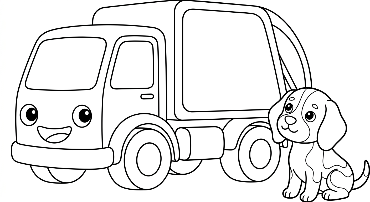 Black and white coloring book line art. One big simple blank garbage truck outline with headlight eyes and grille smile, side view, very simple, the SAME chibi beagle Scout from reference sitting beside it looking up, lots of white space. Clean SOLID bold black outlines, simple smooth rounded shapes, NO furry texture, pure white background, no shading, no gray, NO solid black fills, NO text or letters, large open areas to color.
quiet luxury, soft cinematic lighting, warm palette, professional, clean composition. gold and muted warm green color tones.
Do not include: cartoon, clipart, stock photo watermark, neon colors, face distortion, white coat, lab coat, doctor coat.