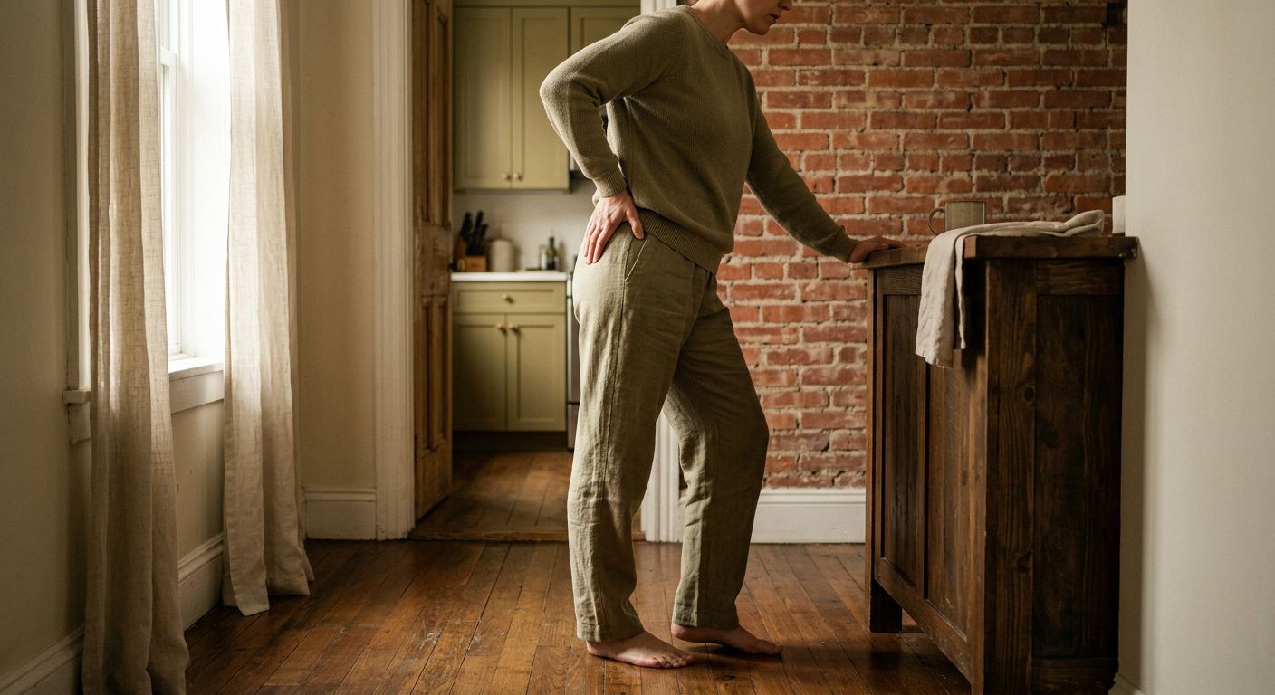 wide angle, landscape, no text, no signs, no writing. Editorial photography of a person standing in profile in a Brooklyn pre-war apartment kitchen or hallway, one hand pressed firmly against the OUTSIDE of their hip — the lateral hip joint where the femur meets the pelvis, at waistband level on the side of the body — clearly NOT on the lower back, the other hand resting on a kitchen counter or wooden chair back for support, slight weight shift off the affected leg suggesting hip joint discomfort while standing, the person is wearing soft loungewear, exposed red brick wall in background, warm hardwood floor, soft morning natural light through a tall window with sheer linen curtains, face cropped out of frame above the shoulders so only torso, hands, and legs are visible, muted palette of cream, walnut, and brick, photorealistic professional lifestyle photography, shallow depth of field, magazine quality, calm domestic Greenpoint atmosphere

quiet luxury, soft cinematic lighting, warm palette, professional, clean composition. gold and muted warm green color tones.

Do not include: cartoon, clipart, stock photo watermark, neon colors, face distortion, white coat, lab coat, doctor coat.