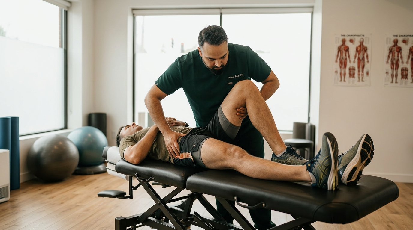 wide angle landscape photo of Dr. Patel in dark green scrubs examining a runners hip and knee on a treatment table in a modern chiropractic clinic, patient wearing running shoes and athletic shorts, warm natural lighting, white walls and oak wood floors, professional medical setting, no white coat

[Character: drp]  Adult South Asian man with a medium-to-deep warm brown skin tone and a strong, professional
  appearance. Oval to slightly long face, with a broad forehead, high hairline, and a well-defined
  beard that gives the lower face a stronger, more angular shape. Dark black hair with visible gray
  at the temples and sides, worn short on the sides in a fade/taper and longer on top, styled upward
   and back in a clean, voluminous quiff/pompadour. Hairline sits a bit high, with slight recession
  at the temples. Thick, dark, straight to gently arched eyebrows. Dark brown, medium-sized,
  slightly deep-set eyes with a calm, focused look. Medium width nose, straight in profile, with a
  rounded tip. Medium fullness lips, lower lip slightly fuller. Full, connected beard and mustache,
  mostly black with noticeable gray/silver strands, especially at the cheeks, sideburn area, and
  chin. Beard is shorter and neater on the cheeks and fuller/longer at the chin. Strong and
  masculine jawline. Solid and broad-shouldered, medium-to-stocky frame. Upright, composed, and
  confident posture. Keep realistic skin texture, natural pores, subtle under-eye detail, and
  authentic salt-and-pepper facial hair. Do not make the face overly smooth or overly youthful.

Style: quiet luxury, soft cinematic lighting, warm palette, professional, clean composition. Colors: primary #7F6B2E, secondary #9BA17F. Typography: Bodoni Moda headings, Manrope body.

Avoid: cartoon, clipart, stock photo watermark, neon colors, face distortion, white coat, lab coat, doctor coat