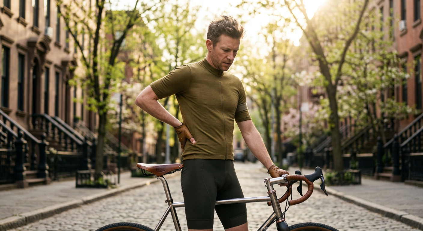 Premium realistic photo of a cyclist in Brooklyn after a spring ride, standing beside a bicycle and holding the lower back with mild discomfort, warm late afternoon light, polished editorial framing, no text overlay, no illustration

Style: quiet luxury, soft cinematic lighting, warm palette, professional, clean composition. Colors: primary #7F6B2E, secondary #9BA17F. Typography: Bodoni Moda headings, Manrope body.

Avoid: cartoon, clipart, stock photo watermark, neon colors, face distortion, white coat, lab coat, doctor coat