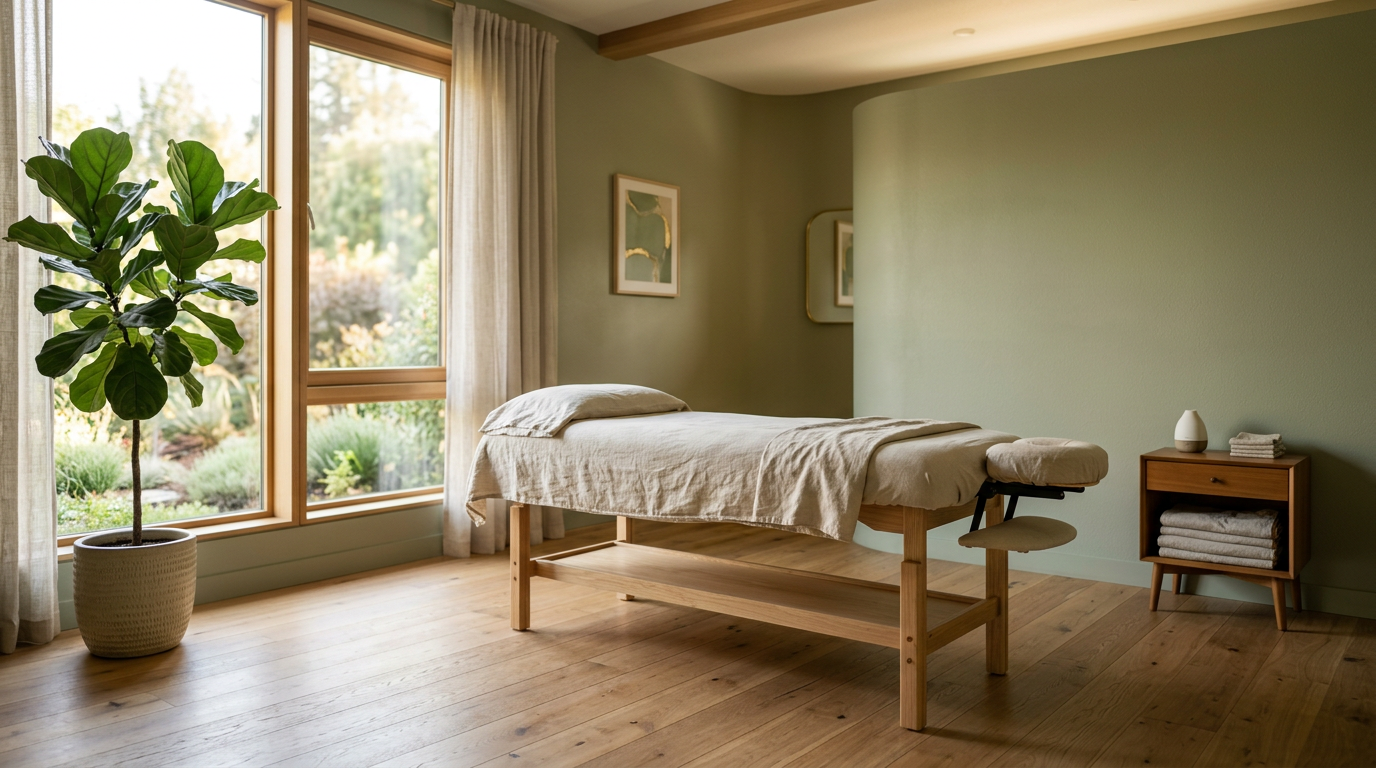 wide angle, landscape, no text, no signs, no writing, calm modern chiropractic treatment room interior in soft natural morning light, warm sage green and oatmeal palette, minimalist treatment table with linen sheet, indoor plant in the corner, soft sunlight pouring through tall window, peaceful empty room evoking nervous system rest and recovery, quiet luxury aesthetic, photorealistic, shallow depth of field, no people, no logos

quiet luxury, soft cinematic lighting, warm palette, professional, clean composition. gold and muted warm green color tones.

Do not include: cartoon, clipart, stock photo watermark, neon colors, face distortion, white coat, lab coat, doctor coat.