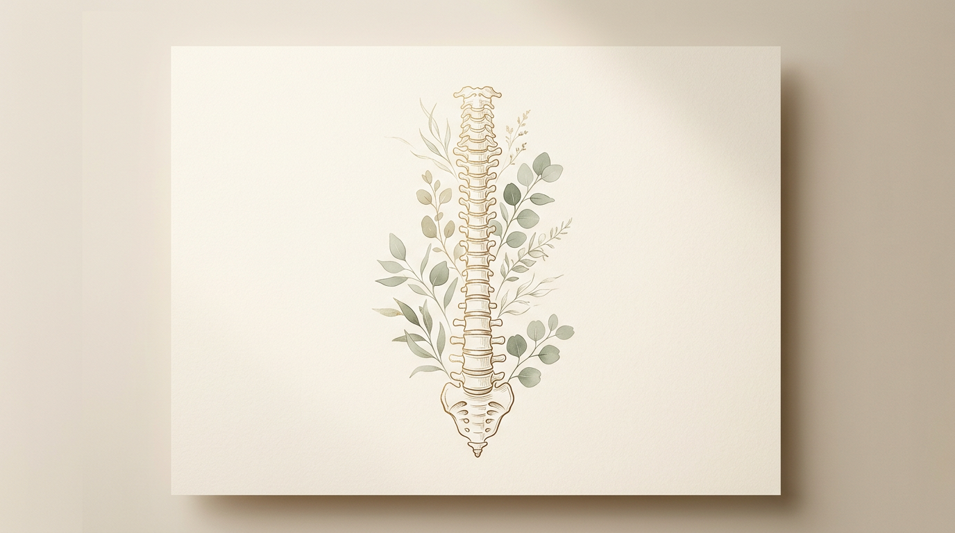 wide angle, landscape, no text, no signs, no writing, minimalist editorial illustration of a human spine and vertebrae, delicate brushed-gold and warm bronze ink line art on warm cream paper texture, soft sage-green botanical sprigs and eucalyptus leaves drifting around the vertebrae, museum gallery fine art print, quiet luxury aesthetic, Bodoni serif sensibility, calming abstract anatomical study, generous negative space

quiet luxury, soft cinematic lighting, warm palette, professional, clean composition. gold and muted warm green color tones.

Do not include: cartoon, clipart, stock photo watermark, neon colors, face distortion, white coat, lab coat, doctor coat.