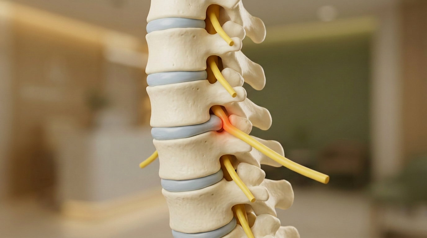 Use the reference only for its clean educational composition and clearly visible compressed yellow nerve. Replace the anatomy with a medically plausible LOWER CERVICAL spine model, C3 through C7, not lumbar or thoracic. The cervical vertebrae must have small oval vertebral bodies, short bifid spinous processes, and recognizable transverse foramina. Show pale blue-gray cervical discs. At C5-C6, one small posterolateral disc bulge visibly contacts and slightly flattens one continuous yellow exiting cervical nerve root. The nerve emerges through the neural foramen and continues outward toward the shoulder. Use a restrained red-orange highlight only at that single compression point. Wide horizontal close-up against a softly blurred modern clinic background. No skull or jaw, no ribs, no lumbar-sized blocky vertebrae, no people, no hands, no text, no labels, no arrows, no gore, no X-ray effect, no multiple compression sites, no disconnected or duplicated nerves, no floating anatomy.
quiet luxury, soft cinematic lighting, warm palette, professional, clean composition. gold and muted warm green color tones.
Do not include: cartoon, clipart, stock photo watermark, neon colors, face distortion, white coat, lab coat, doctor coat.