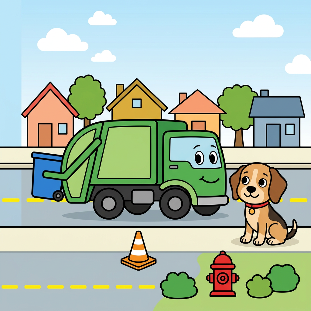 Use the attached reference image as the EXACT style, character, color and palette authority: reproduce the same smiling green cartoon garbage truck, the same tan-and-brown beagle puppy (Scout) with a red collar, and the same flat bright children's-book palette, all on-model.
A flat, bright, friendly children's vector illustration for a toddler coloring-book FRONT cover. Thick bold uniform black outlines, clean flat color fills, no shading, no texture, no photorealism, no gradients except a soft blue sky. Square, full-bleed art running to all four edges, no white border or frame.
RENDER NO TEXT: no letters, no words, no title, no badge, no signature anywhere in the image. Leave the upper ~30 percent as clean open blue sky with only a couple of simple white clouds, and keep the lower-left corner clean. All text is added later by the publisher.
Layout shifted DOWN from the top with generous empty-sky headroom. Upper-middle: a cheerful row of small colorful houses (peach, mustard-yellow, soft orange, dusty blue) with simple triangle and flat roofs plus two rounded green trees on the horizon, friendly and small. CENTER: the two hero characters large and centered as a pair, on-model with the reference. The smiling green garbage truck has its cab and friendly face on the RIGHT side (two big oval eyes and a smile on the cab), a rounded lighter-green body, chunky black wheels, and a lifting arm holding a single bright blue recycling bin on the truck's left side. Do not mirror or flip the truck. To the truck's right sits Scout, a tan-and-light-brown beagle with darker brown ears and back patch, big round black eyes with white highlights, a black button nose, a soft happy smile, and a red collar with a small round tag, sitting upright and turned slightly toward the truck.
BOTTOM ~25 percent: a LIVELY flat street scene that replaces any dead flat gray band. A light-gray road spanning the full width with a dashed bright-yellow center line, the truck's wheels resting on the road; above the road a lighter curb-and-sidewalk strip where Scout sits, giving a clear sidewalk-versus-street distinction. Scatter a FEW friendly roadside props low and with breathing room across the bottom-center and bottom-RIGHT only: an orange-and-white traffic cone, a small fire hydrant or mailbox, and two or three small round green bushes echoing the trees. Keep the lower-LEFT corner clean and empty (no cone, no hydrant, no bushes, no characters there) because a badge is added later in that corner. Exactly ONE recycling bin in the whole image, the blue one in the truck's arm; no second bin. Road and sidewalk bleed to the bottom and side edges.
Keep the truck-and-dog pair horizontally centered with comfortable empty margin from BOTH the left and right edges. The left ~150 px is the spine seam: background bleeds fully to the left edge with no white gap, but that strip stays plain continuous color only, plain sky on top and plain road/sidewalk on the bottom, with no houses, trees, props, bins or characters in it; the truck's rear must stay out of that left strip.
Vivid primary palette: red, sky blue, grass green, sunny yellow, warm tan. Repeat green (truck, trees, bushes) and blue (sky, the single bin). Sunny, safe, playful morning-on-a-friendly-street mood, big shapes, lots of air, uncluttered for ages 2 to 4. Flat bright fills and thick black outlines throughout. No new characters, no extra trucks, no text.
quiet luxury, soft cinematic lighting, warm palette, professional, clean composition. gold and muted warm green color tones.
Do not include: cartoon, clipart, stock photo watermark, neon colors, face distortion, white coat, lab coat, doctor coat.