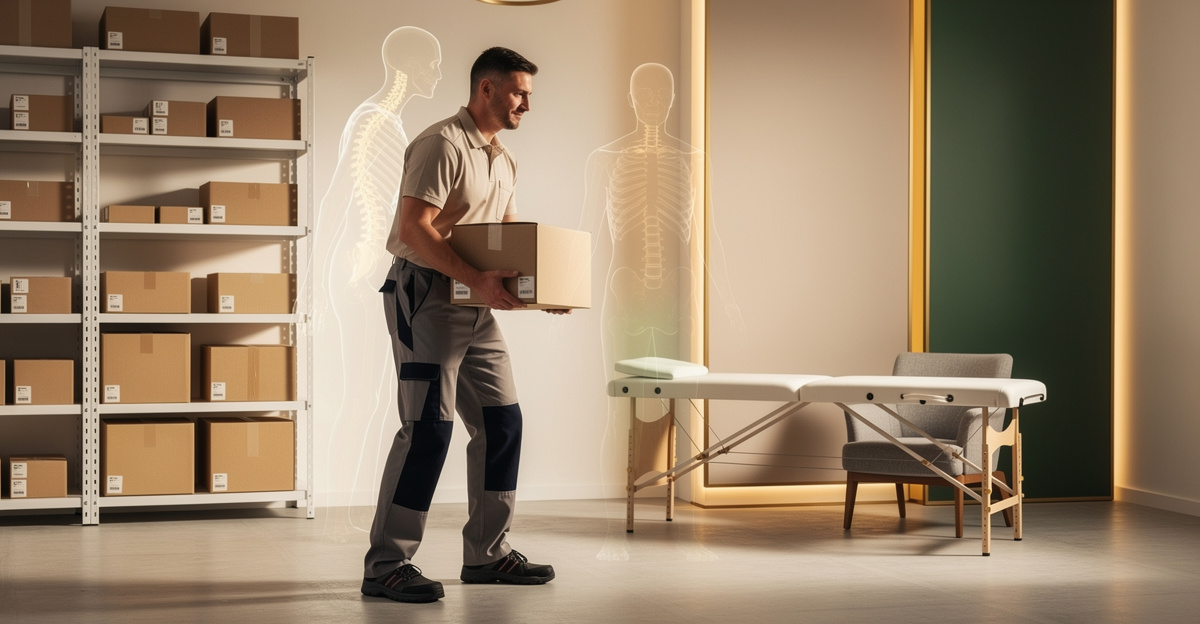 Wide horizontal blog hero for an article about chiropractic care for warehouse and logistics workers. Clean modern clinic-meets-warehouse concept: a warehouse worker in neutral workwear demonstrates safe lifting posture with a box, with subtle professional spine/posture visual elements nearby. Calm, educational, no pain, no injury, no doctor visible, no faces close-up, no text, no logos, no signage, no posters, no cropped body parts. True landscape composition with generous margins, suitable for a 1200 by 628 website featured image.

quiet luxury, soft cinematic lighting, warm palette, professional, clean composition. gold and muted warm green color tones.

Do not include: cartoon, clipart, stock photo watermark, neon colors, face distortion, white coat, lab coat, doctor coat.