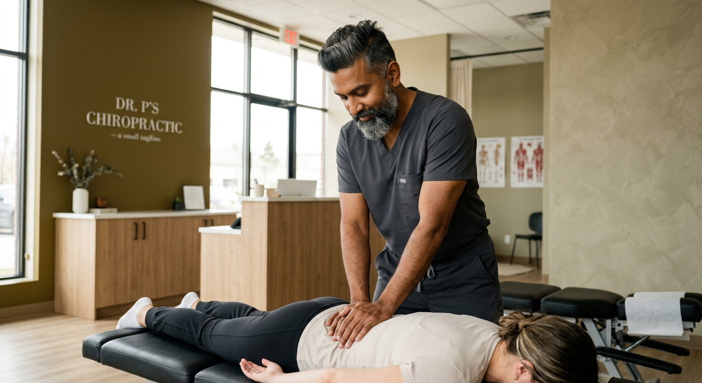 @drp performing a chiropractic adjustment on a patients lower back in a bright modern clinic

[Character: drp]  Adult South Asian man with a medium-to-deep warm brown skin tone and a strong, professional
  appearance. Oval to slightly long face, with a broad forehead, high hairline, and a well-defined
  beard that gives the lower face a stronger, more angular shape. Dark black hair with visible gray
  at the temples and sides, worn short on the sides in a fade/taper and longer on top, styled upward
   and back in a clean, voluminous quiff/pompadour. Hairline sits a bit high, with slight recession
  at the temples. Thick, dark, straight to gently arched eyebrows. Dark brown, medium-sized,
  slightly deep-set eyes with a calm, focused look. Medium width nose, straight in profile, with a
  rounded tip. Medium fullness lips, lower lip slightly fuller. Full, connected beard and mustache,
  mostly black with noticeable gray/silver strands, especially at the cheeks, sideburn area, and
  chin. Beard is shorter and neater on the cheeks and fuller/longer at the chin. Strong and
  masculine jawline. Solid and broad-shouldered, medium-to-stocky frame. Upright, composed, and
  confident posture. Keep realistic skin texture, natural pores, subtle under-eye detail, and
  authentic salt-and-pepper facial hair. Do not make the face overly smooth or overly youthful.

Style: quiet luxury, soft cinematic lighting, warm palette, professional, clean composition. Colors: primary #7F6B2E, secondary #9BA17F. Typography: Bodoni Moda headings, Manrope body.

Avoid: cartoon, clipart, stock photo watermark, neon colors, face distortion