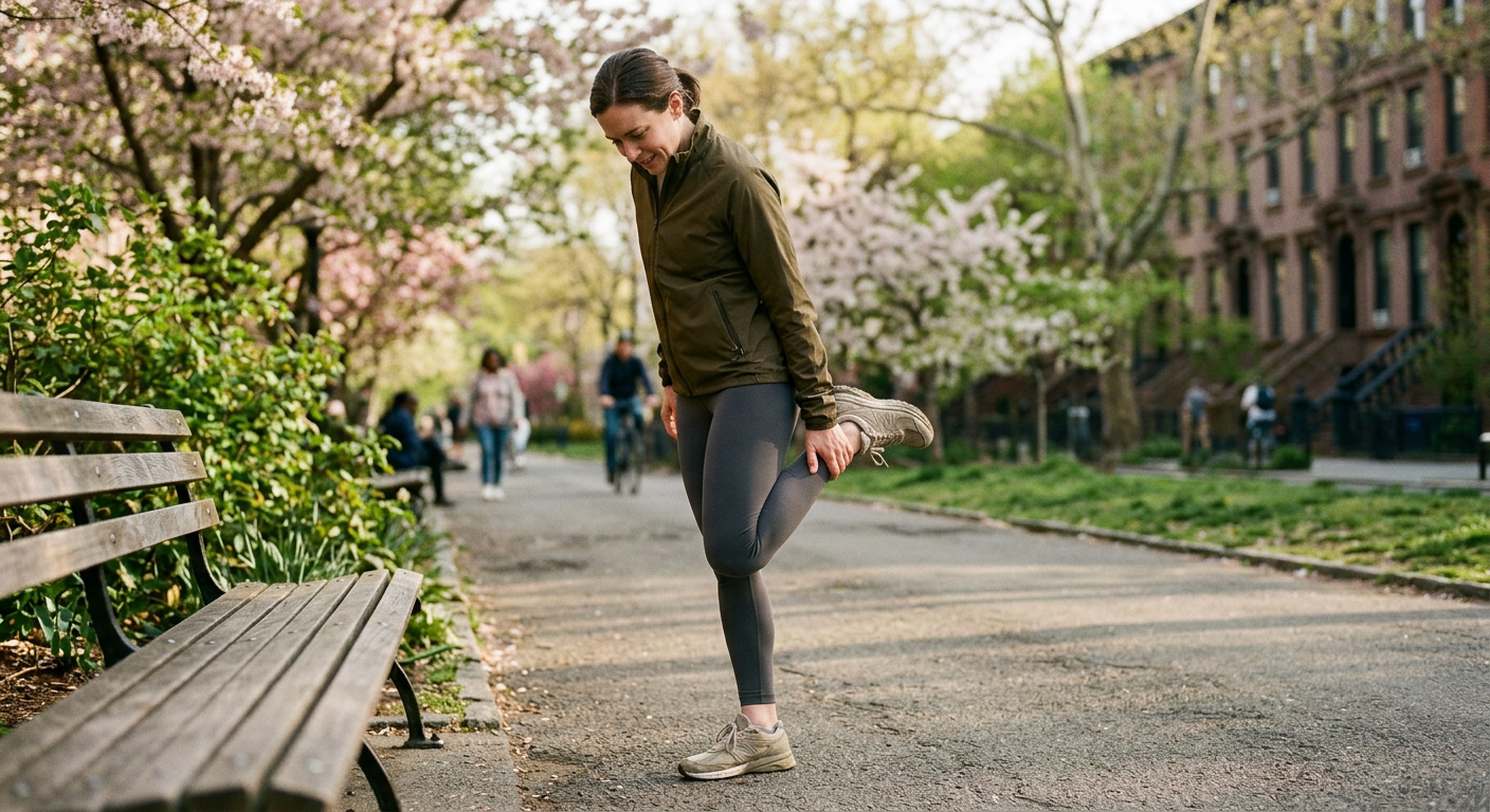 Premium realistic photo of a Brooklyn runner in spring on a neighborhood path, paused mid-stretch with subtle shin discomfort after training, refined natural lighting, authentic street and park feel, no text overlay, no illustration, no collage

Style: quiet luxury, soft cinematic lighting, warm palette, professional, clean composition. Colors: primary #7F6B2E, secondary #9BA17F. Typography: Bodoni Moda headings, Manrope body.

Avoid: cartoon, clipart, stock photo watermark, neon colors, face distortion, white coat, lab coat, doctor coat
