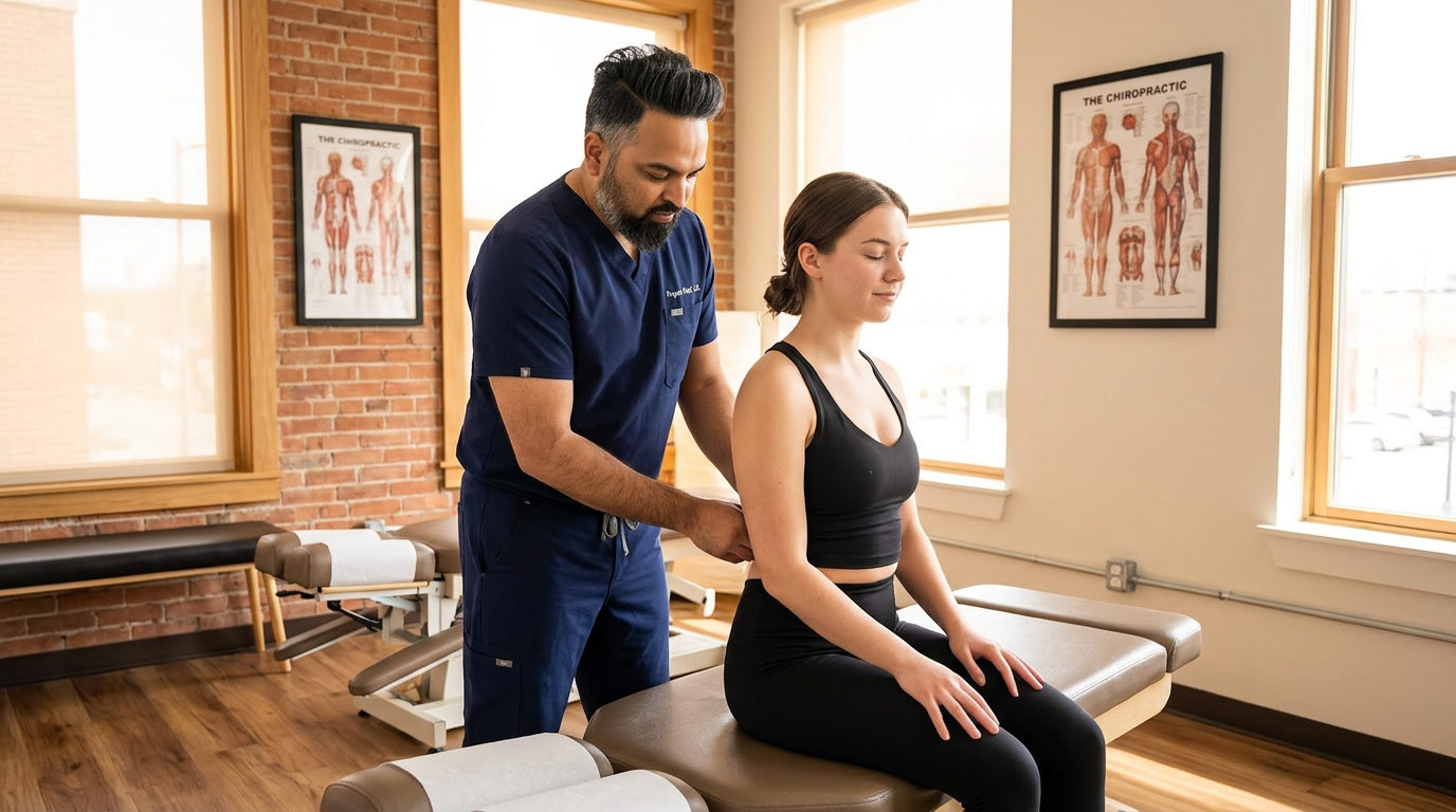 @drp Dr. Patel wearing navy blue scrubs (no white coat, no lab coat), performing a gentle spinal adjustment on a young woman in black yoga attire seated on a chiropractic treatment table. Bright modern chiropractic clinic, warm natural light, anatomy posters on the wall, wood flooring. Patient looks relaxed and comfortable. Professional, warm, editorial photography style. Wide landscape composition.

[Character: drp]  Adult South Asian man with a medium-to-deep warm brown skin tone and a strong, professional
  appearance. Oval to slightly long face, with a broad forehead, high hairline, and a well-defined
  beard that gives the lower face a stronger, more angular shape. Dark black hair with visible gray
  at the temples and sides, worn short on the sides in a fade/taper and longer on top, styled upward
   and back in a clean, voluminous quiff/pompadour. Hairline sits a bit high, with slight recession
  at the temples. Thick, dark, straight to gently arched eyebrows. Dark brown, medium-sized,
  slightly deep-set eyes with a calm, focused look. Medium width nose, straight in profile, with a
  rounded tip. Medium fullness lips, lower lip slightly fuller. Full, connected beard and mustache,
  mostly black with noticeable gray/silver strands, especially at the cheeks, sideburn area, and
  chin. Beard is shorter and neater on the cheeks and fuller/longer at the chin. Strong and
  masculine jawline. Solid and broad-shouldered, medium-to-stocky frame. Upright, composed, and
  confident posture. Keep realistic skin texture, natural pores, subtle under-eye detail, and
  authentic salt-and-pepper facial hair. Do not make the face overly smooth or overly youthful.

Style: quiet luxury, soft cinematic lighting, warm palette, professional, clean composition. Colors: primary #7F6B2E, secondary #9BA17F. Typography: Bodoni Moda headings, Manrope body.

Avoid: cartoon, clipart, stock photo watermark, neon colors, face distortion, white coat, lab coat, doctor coat
