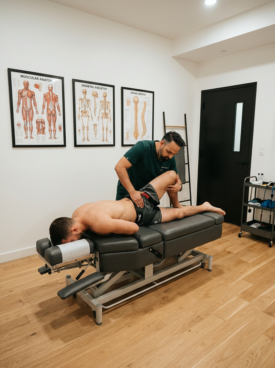 @drp Dr. Patel examining a combat athlete hip and lower back in his Greenpoint chiropractic clinic, patient in athletic shorts on treatment table, Dr. Patel in dark green scrubs performing hip assessment, @drp, landscape wide angle, photorealistic professional medical photography

Dr. Patel:  Adult South Asian man with a medium-to-deep warm brown skin tone and a strong, professional
  appearance. Oval to slightly long face, with a broad forehead, high hairline, and a well-defined
  beard that gives the lower face a stronger, more angular shape. Dark black hair with visible gray
  at the temples and sides, worn short on the sides in a fade/taper and longer on top, styled upward
   and back in a clean, voluminous quiff/pompadour. Hairline sits a bit high, with slight recession
  at the temples. Thick, dark, straight to gently arched eyebrows. Dark brown, medium-sized,
  slightly deep-set eyes with a calm, focused look. Medium width nose, straight in profile, with a
  rounded tip. Medium fullness lips, lower lip slightly fuller. Full, connected beard and mustache,
  mostly black with noticeable gray/silver strands, especially at the cheeks, sideburn area, and
  chin. Beard is shorter and neater on the cheeks and fuller/longer at the chin. Strong and
  masculine jawline. Solid and broad-shouldered, medium-to-stocky frame. Upright, composed, and
  confident posture. Keep realistic skin texture, natural pores, subtle under-eye detail, and
  authentic salt-and-pepper facial hair. Do not make the face overly smooth or overly youthful.
Treatment Room: A modern, narrow rectangular chiropractic treatment room with a clean, minimal, upscale clinical look. The room has bright matte white walls, a white ceiling, white baseboards, and light natural oak wood plank flooring with a soft warm tone. The overall design is simple, uncluttered, and professional, with a calm medical aesthetic rather than a spa aesthetic.

The central focal point of the room is a premium chiropractic treatment table placed lengthwise in the middle of the room. The table has dark charcoal or deep gray padding, a light gray to off-white metal frame, and multiple bright yellow adjustment levers and handles. The table is large, segmented, and clearly a specialized chiropractic table, not a massage table.

Along the main wall are three vertically oriented framed anatomy posters in thin black frames with white mats. The posters show classic medical anatomical illustrations, including the muscular system, skeletal system, and spinal nerves. They are evenly spaced and mounted in a straight horizontal row above and behind the table, creating a clean visual rhythm.

Near the back corner of the room is a narrow leaning ladder shelf with a black metal frame and light wood shelves. The shelf holds a small number of clinical and office items such as tissues, paper towels, wipes, baskets, and small containers. Beside the shelf is a round rolling stool with a dark padded seat and chrome base.

On one side of the room is a simple desk area with a light-colored office chair, computer equipment, and a few practical work items, but this area should remain secondary and not dominate the image. On the opposite end of the room is a white wall-mounted cabinet and a compact rolling clinical utility cart with electrotherapy or rehab equipment, folded towels, wires, and supplies.

The room also includes a black door with a tall rounded-rectangle vertical window, adding a modern architectural detail. A few visible cords and small clinical devices are acceptable, but the room should still feel tidy, intentional, and professional.

Lighting is bright, neutral-to-cool clinical overhead lighting with soft natural realism. The room should feel real, functional, and high-end, with clean lines, minimal decor, and a polished chiropractic practice atmosphere.

quiet luxury, soft cinematic lighting, warm palette, professional, clean composition. gold and muted warm green color tones.

Do not include: cartoon, clipart, stock photo watermark, neon colors, face distortion, white coat, lab coat, doctor coat.