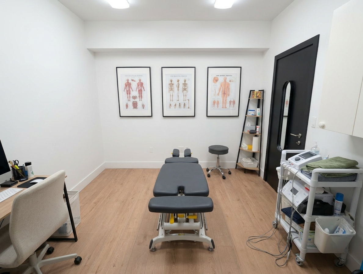 empty chiropractic treatment room

[Character: clinic] A modern, narrow rectangular chiropractic treatment room with a clean, minimal, upscale clinical look. The room has bright matte white walls, a white ceiling, white baseboards, and light natural oak wood plank flooring with a soft warm tone. The overall design is simple, uncluttered, and professional, with a calm medical aesthetic rather than a spa aesthetic.

The central focal point of the room is a premium chiropractic treatment table placed lengthwise in the middle of the room. The table has dark charcoal or deep gray padding, a light gray to off-white metal frame, and multiple bright yellow adjustment levers and handles. The table is large, segmented, and clearly a specialized chiropractic table, not a massage table.

Along the main wall are three vertically oriented framed anatomy posters in thin black frames with white mats. The posters show classic medical anatomical illustrations, including the muscular system, skeletal system, and spinal nerves. They are evenly spaced and mounted in a straight horizontal row above and behind the table, creating a clean visual rhythm.

Near the back corner of the room is a narrow leaning ladder shelf with a black metal frame and light wood shelves. The shelf holds a small number of clinical and office items such as tissues, paper towels, wipes, baskets, and small containers. Beside the shelf is a round rolling stool with a dark padded seat and chrome base.

On one side of the room is a simple desk area with a light-colored office chair, computer equipment, and a few practical work items, but this area should remain secondary and not dominate the image. On the opposite end of the room is a white wall-mounted cabinet and a compact rolling clinical utility cart with electrotherapy or rehab equipment, folded towels, wires, and supplies.

The room also includes a black door with a tall rounded-rectangle vertical window, adding a modern architectural detail. A few visible cords and small clinical devices are acceptable, but the room should still feel tidy, intentional, and professional.

Lighting is bright, neutral-to-cool clinical overhead lighting with soft natural realism. The room should feel real, functional, and high-end, with clean lines, minimal decor, and a polished chiropractic practice atmosphere.

Style: quiet luxury, soft cinematic lighting, warm palette, professional, clean composition. Colors: primary #7F6B2E, secondary #9BA17F. Typography: Bodoni Moda headings, Manrope body.

Avoid: cartoon, clipart, stock photo watermark, neon colors, face distortion