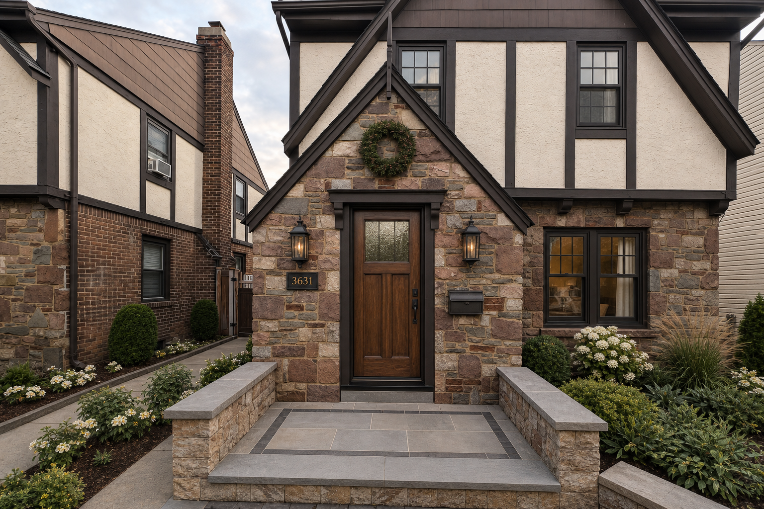 Use the supplied original photograph as an architectural photo-edit reference. Design the BEST cohesive renovation of THIS actual compact Tudor Revival house, not a generic mansion. Preserve its exact building massing, steep existing gables, original window opening locations/sizes, footprint, neighboring buildings and narrow site. Show a wide enough view to include the full visible upper facade, ground-floor windows, entrance and front planting, matching the original photo viewpoint. Do not crop to the doorway. This is an exterior designer's holistic renovation proposal, not an accessory swap.
DESIGN CONCEPT: restrained warm contemporary Tudor restoration, with authentic texture, craftsmanship and a clear entrance focal point. KEEP the existing multicolored rose-brown/gray natural stone UNPAINTED, retaining individual stone shapes and masonry pattern. Repair and repaint all stucco infill in a soft warm limestone off-white inspired by Shoji White SW7042, matte, NOT yellow cream or stark white. Refinish all original timber strips, gable boards, fascia and finial in rich deep brown-charcoal inspired by Black Fox SW7020, low-sheen. Simplify decorative scalloped timber edges to restrained straight edges where visible, without moving structural elements. Preserve roof material and form. Preserve the actual pointed entrance finial, darker and neatly finished.
REPLACE ALL WHITE WINDOW FRAMES AND WHITE GRILLES ON THIS HOUSE with slim factory-finish dark bronze/brown-black frames harmonizing with Black Fox. Retain existing window opening sizes and original divisions; use restrained slim dark muntins on upper sash only where the original upper-sash grids exist. All window trim coordinated with dark timbers, NO WHITE FRAME STRIPS LEFT. Keep neighboring houses unchanged. Make dark window change highly visible in both upper windows and ground-floor pair to right.
ENTRANCE: proposed new warm medium walnut-stained solid wood front door, traditional restrained recessed panels with a modest clear textured-glass upper panel, elegant dark bronze hardware. Omit the visually heavy existing storm door in this concept to reveal the wood door; do not enlarge the opening or add sidelights. Surround with tasteful roughly 4-5 inch dark brown-charcoal casings, a fine stepped inner molding, a shallow horizontal cap and TWO small simple tapered corbels under cap ends. Keep it slender, not monumental: no columns, no massive header, no extra porch roof or pediment. Existing stone triangular gable remains clearly exposed above.
Two MATCHING elongated traditional blackened-bronze clear-glass WALL LANTERNS, each approximately 24 inches TOTAL height including finials and 8-9 inches wide. Symmetrical same-height placement on the stone either side, with fixture centers around 70 inches above landing, clear of casing and door swing. Elegant slender fixtures, not bulky coach lamps or tiny sconces. Very subtle warm 2700K light visible in daylight. Each flanking wall is approximately 39 inches wide before new trim.
ACCESSORIES: a compact dark bronze horizontal address plaque on left stone panel below left lantern, exact existing number 3631 in understated warm brass numerals. Slim rectangular coordinated bronze mailbox below right lantern, lid opening clear, reachable from landing. Plaque center and mailbox CENTER exactly on same horizontal line roughly 47 inches above landing. Address/mailbox subordinate to lighting, no duplicate fixtures. One natural green 20-inch wreath with short brown ribbon centered on the stone ABOVE new header and well BELOW finial, modest and seasonally removable; no bow over door or timber. No flowers or lettering on wreath.
GROUND PLANE: remove ALL four freestanding lanterns and loose wire objects, leaving clear circulation. Refine landing/walk with quieter large-format warm gray stone appearance and restrained dark border within ORIGINAL footprint, no new steps or changed levels. Retain original low stone side walls; replace brown sidewall cap finish with warm gray natural stone caps visually relating to step tread. No encroachment onto neighboring walk.
LANDSCAPING: retain green garden character but edit clutter. In right-hand bed remove the tall conical evergreen obscuring the facade and replace with low rounded evergreen shrubs, restrained white flowering perennials and soft grasses staying BELOW window sills, exposing the original right-hand windows. On left, simplify mixed pots and bright flower clutter to one coherent low planting group inside owner's existing planting area, not neighboring property. No oversized containers on stoop, no elaborate new fences.
User dimensions: 39 inches each flanking wall, 92.5-inch stoop-to-door measurement and 136 inches to just below entrance finial. Respect plausible proportions, don't stretch gable for wreath or trim. Balanced natural afternoon light for west-facing frontage; no orange sunset wash. Photorealistic renovation inspiration, not a construction document or exact paint chip simulation. Show true original house recognizability and all changes together. No people, watermarks, captions, dimension arrows, cars or invented additions.

Home Front Entrance is depicted as: The exact private residential front entrance in the primary reference photograph. Tudor-style facade with irregular multicolored stone masonry, steep triangular stone entrance gable, dark brown trim and narrow pointed finial, centered dark-framed glazed storm door over a wood door, paved raised stoop, low stone side walls with brown caps, existing landscaping and neighboring context. Existing wall light and house-number plaque are left of the door; mailbox is right. Preserve actual architecture, stone pattern, door dimensions, perspective and proportions. Only change fixtures and decor explicitly requested. Do not replace this with a generic house or clinic. User measurements: use 39 inches of wall width on EACH side of door; stoop-to-door measurement 92.5 inches (endpoint as stated, not independently surveyed); stoop to just below the pointed finial 136 inches. These are design guidance, not a measured construction drawing..

quiet luxury, soft cinematic lighting, warm palette, professional, clean composition. gold and muted warm green color tones.

Do not include: cartoon, clipart, stock photo watermark, neon colors, face distortion, white coat, lab coat, doctor coat.