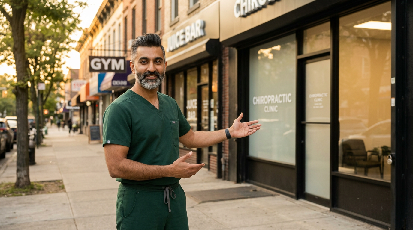 Wide angle landscape photograph of a South Asian male chiropractor in dark green scrubs standing outside a modern chiropractic clinic on a tree-lined Brooklyn street, warm golden hour light, neighborhood storefronts visible including a gym and juice bar in the background, the chiropractor has a friendly confident expression and is gesturing welcomingly toward the clinic entrance, professional lifestyle editorial photography, shallow depth of field on the background, no white coat

Dr. Patel is depicted as:  Adult South Asian man with a medium-to-deep warm brown skin tone and a strong, professional
  appearance. Oval to slightly long face, with a broad forehead, high hairline, and a well-defined
  beard that gives the lower face a stronger, more angular shape. Dark black hair with visible gray
  at the temples and sides, worn short on the sides in a fade/taper and longer on top, styled upward
   and back in a clean, voluminous quiff/pompadour. Hairline sits a bit high, with slight recession
  at the temples. Thick, dark, straight to gently arched eyebrows. Dark brown, medium-sized,
  slightly deep-set eyes with a calm, focused look. Medium width nose, straight in profile, with a
  rounded tip. Medium fullness lips, lower lip slightly fuller. Full, connected beard and mustache,
  mostly black with noticeable gray/silver strands, especially at the cheeks, sideburn area, and
  chin. Beard is shorter and neater on the cheeks and fuller/longer at the chin. Strong and
  masculine jawline. Solid and broad-shouldered, medium-to-stocky frame. Upright, composed, and
  confident posture. Keep realistic skin texture, natural pores, subtle under-eye detail, and
  authentic salt-and-pepper facial hair. Do not make the face overly smooth or overly youthful..

quiet luxury, soft cinematic lighting, warm palette, professional, clean composition. gold and muted warm green color tones.

Do not include: cartoon, clipart, stock photo watermark, neon colors, face distortion, white coat, lab coat, doctor coat.