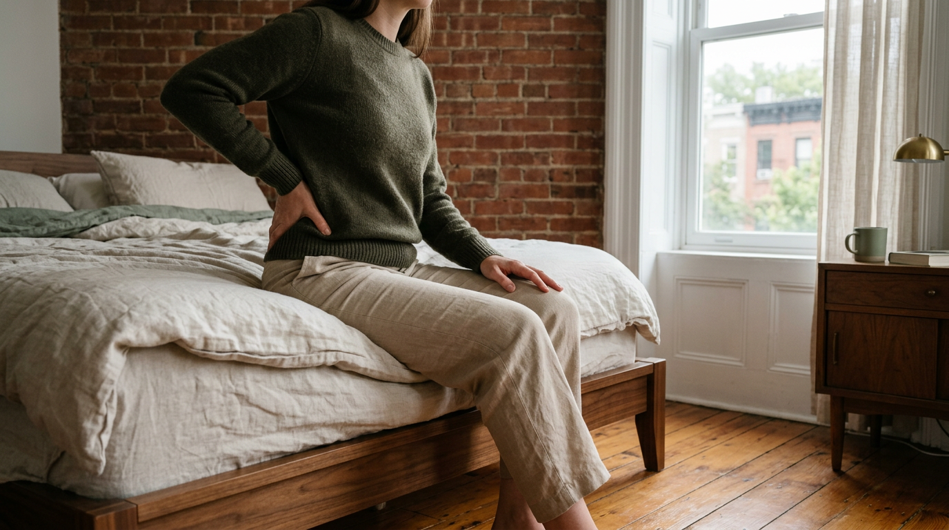 wide angle, landscape, no text, no signs, no writing. Editorial photography of a person sitting on the edge of a bed in a Brooklyn pre-war apartment in the early morning, one hand resting on the side of their hip in a way that subtly suggests stiffness, face cropped out of frame above the shoulders so only torso, hands, and legs are visible, exposed red brick wall, warm hardwood floor, soft natural light through a tall window with sheer linen curtains, neutral linen bedding, warm wood nightstand, calm domestic Greenpoint atmosphere, muted color palette of cream, walnut, and brick, photorealistic professional lifestyle photography, shallow depth of field, magazine quality

quiet luxury, soft cinematic lighting, warm palette, professional, clean composition. gold and muted warm green color tones.

Do not include: cartoon, clipart, stock photo watermark, neon colors, face distortion, white coat, lab coat, doctor coat.