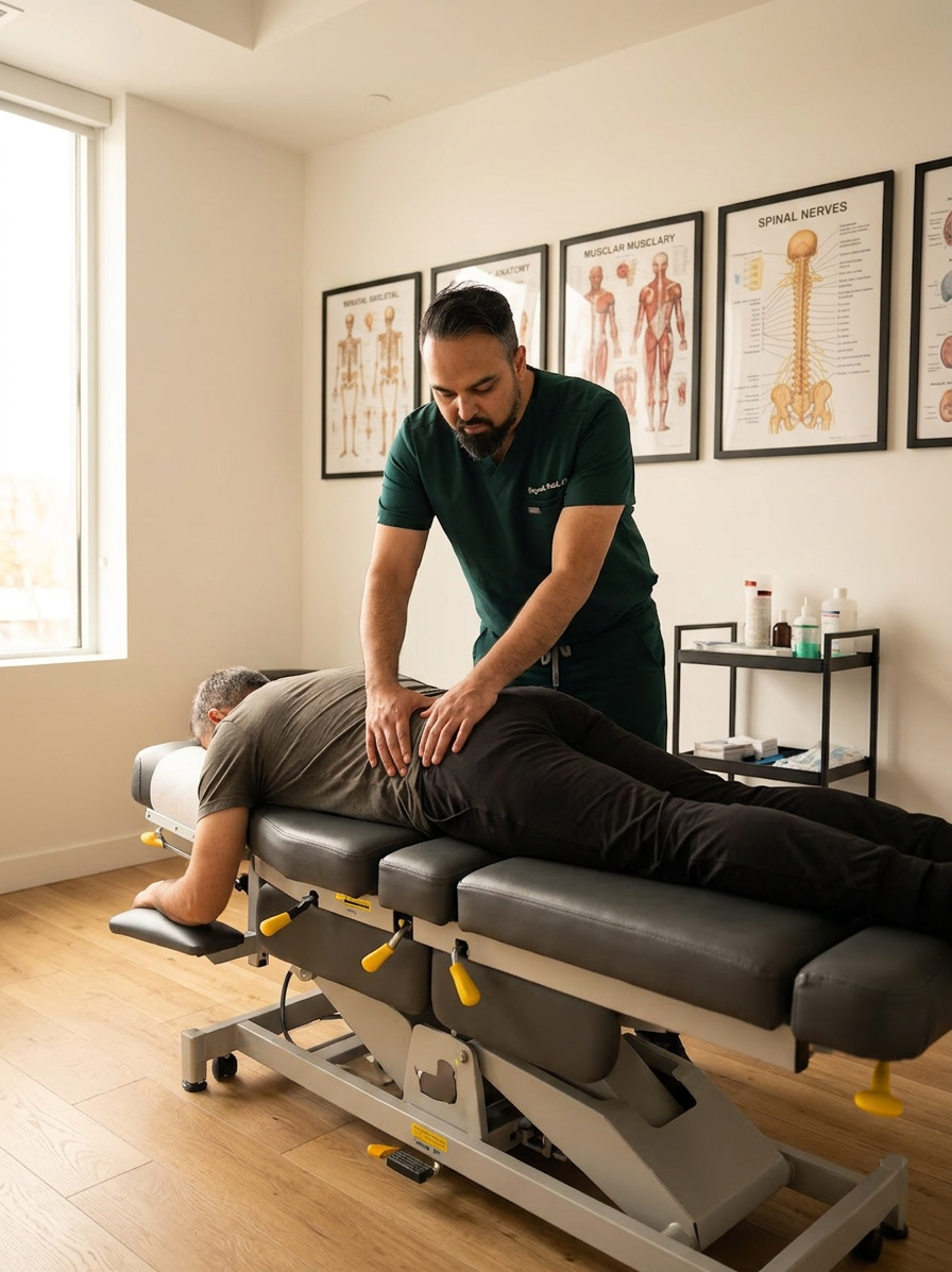@drp, a male chiropractor in dark green scrubs, assessing the lower back and pelvis of an adult patient lying face down on a treatment table, hands placed near the patients hip, in a bright modern chiropractic clinic, warm natural light, professional documentary photograph
Dr. Patel: Adult South Asian man with a medium-to-deep warm brown skin tone and a strong, professional
appearance. Oval to slightly long face, with a broad forehead, high hairline, and a well-defined
beard that gives the lower face a stronger, more angular shape. Dark black hair with visible gray
at the temples and sides, worn short on the sides in a fade/taper and longer on top, styled upward
and back in a clean, voluminous quiff/pompadour. Hairline sits a bit high, with slight recession
at the temples. Thick, dark, straight to gently arched eyebrows. Dark brown, medium-sized,
slightly deep-set eyes with a calm, focused look. Medium width nose, straight in profile, with a
rounded tip. Medium fullness lips, lower lip slightly fuller. Full, connected beard and mustache,
mostly black with noticeable gray/silver strands, especially at the cheeks, sideburn area, and
chin. Beard is shorter and neater on the cheeks and fuller/longer at the chin. Strong and
masculine jawline. Solid and broad-shouldered, medium-to-stocky frame. Upright, composed, and
confident posture. Keep realistic skin texture, natural pores, subtle under-eye detail, and
authentic salt-and-pepper facial hair. Do not make the face overly smooth or overly youthful.
Treatment Room: A modern, narrow rectangular chiropractic treatment room with a clean, minimal, upscale clinical look. The room has bright matte white walls, a white ceiling, white baseboards, and light natural oak wood plank flooring with a soft warm tone. The overall design is simple, uncluttered, and professional, with a calm medical aesthetic rather than a spa aesthetic.
The central focal point of the room is a premium chiropractic treatment table placed lengthwise in the middle of the room. The table has dark charcoal or deep gray padding, a light gray to off-white metal frame, and multiple bright yellow adjustment levers and handles. The table is large, segmented, and clearly a specialized chiropractic table, not a massage table.
Along the main wall are three vertically oriented framed anatomy posters in thin black frames with white mats. The posters show classic medical anatomical illustrations, including the muscular system, skeletal system, and spinal nerves. They are evenly spaced and mounted in a straight horizontal row above and behind the table, creating a clean visual rhythm.
Near the back corner of the room is a narrow leaning ladder shelf with a black metal frame and light wood shelves. The shelf holds a small number of clinical and office items such as tissues, paper towels, wipes, baskets, and small containers. Beside the shelf is a round rolling stool with a dark padded seat and chrome base.
On one side of the room is a simple desk area with a light-colored office chair, computer equipment, and a few practical work items, but this area should remain secondary and not dominate the image. On the opposite end of the room is a white wall-mounted cabinet and a compact rolling clinical utility cart with electrotherapy or rehab equipment, folded towels, wires, and supplies.
The room also includes a black door with a tall rounded-rectangle vertical window, adding a modern architectural detail. A few visible cords and small clinical devices are acceptable, but the room should still feel tidy, intentional, and professional.
Lighting is bright, neutral-to-cool clinical overhead lighting with soft natural realism. The room should feel real, functional, and high-end, with clean lines, minimal decor, and a polished chiropractic practice atmosphere.
quiet luxury, soft cinematic lighting, warm palette, professional, clean composition. gold and muted warm green color tones.
Do not include: cartoon, clipart, stock photo watermark, neon colors, face distortion, white coat, lab coat, doctor coat.