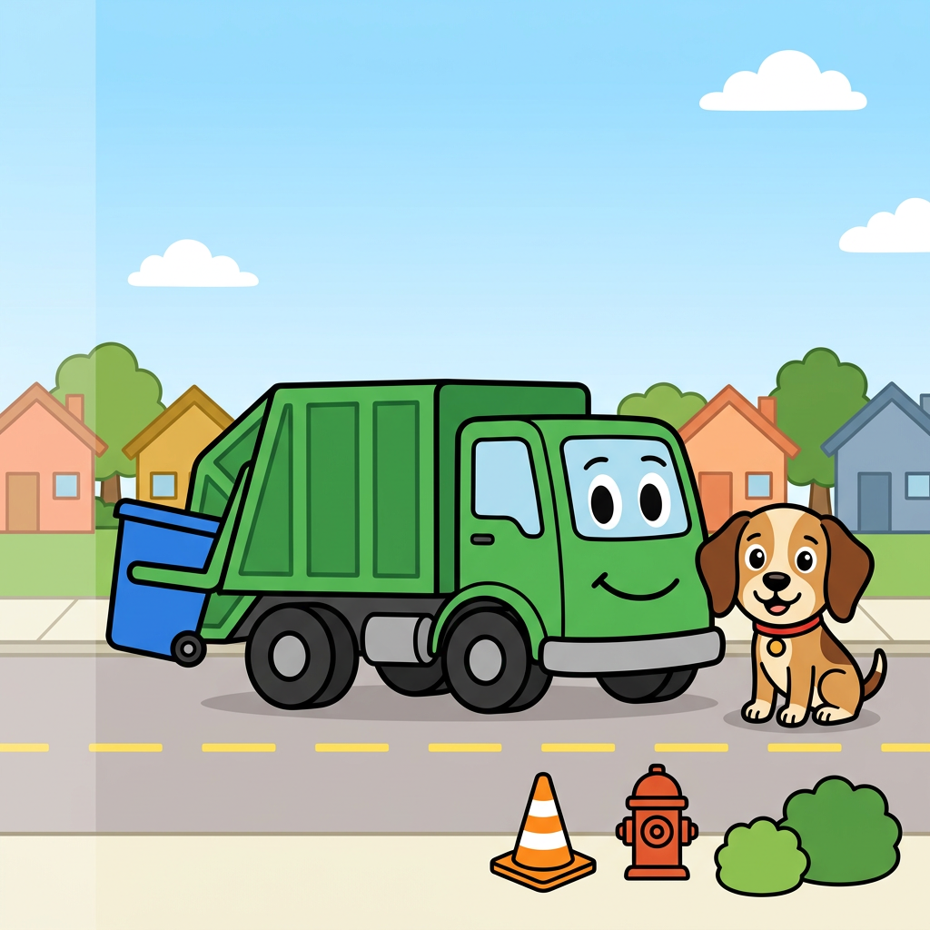 Use the attached reference image as the EXACT style, character, color and palette authority: reproduce the same smiling green cartoon garbage truck, the same tan-and-brown beagle puppy (Scout) with a red collar, and the same flat bright children's-book palette, all on-model.
A flat, bright, friendly children's vector illustration for a toddler coloring-book FRONT cover. Thick bold uniform black outlines, clean flat color fills, no shading, no texture, no photorealism, no gradients except a soft blue sky. Square, full-bleed art running to all four edges, no white border or frame.
RENDER NO TEXT: no letters, no words, no title, no badge, no signature anywhere in the image. Leave the upper ~30 percent as clean open blue sky with only a couple of simple white clouds, and keep the lower-left corner clean. All text is added later by the publisher.
Layout shifted DOWN from the top with generous empty-sky headroom. Upper-middle: a cheerful row of small colorful houses (peach, mustard-yellow, soft orange, dusty blue) with simple triangle and flat roofs plus two rounded green trees on the horizon, friendly and small. CENTER: the two hero characters large and centered as a pair, on-model with the reference. The smiling green garbage truck has its cab and friendly face on the RIGHT side (two big oval eyes and a smile on the cab), a rounded lighter-green body, chunky black wheels, and a lifting arm holding a single bright blue recycling bin on the truck's left side. Do not mirror or flip the truck. To the truck's right sits Scout, a tan-and-light-brown beagle with darker brown ears and back patch, big round black eyes with white highlights, a black button nose, a soft happy smile, and a red collar with a small round tag, sitting upright and turned slightly toward the truck.
BOTTOM ~25 percent: a LIVELY flat street scene that replaces any dead flat gray band. A light-gray road spanning the full width with a dashed bright-yellow center line, the truck's wheels resting on the road; above the road a lighter curb-and-sidewalk strip where Scout sits, giving a clear sidewalk-versus-street distinction. Scatter a FEW friendly roadside props low and with breathing room across the bottom-center and bottom-RIGHT only: an orange-and-white traffic cone, a small fire hydrant or mailbox, and two or three small round green bushes echoing the trees. Keep the lower-LEFT corner clean and empty (no cone, no hydrant, no bushes, no characters there) because a badge is added later in that corner. Exactly ONE recycling bin in the whole image, the blue one in the truck's arm; no second bin. Road and sidewalk bleed to the bottom and side edges.
Keep the truck-and-dog pair horizontally centered with comfortable empty margin from BOTH the left and right edges. The left ~150 px is the spine seam: background bleeds fully to the left edge with no white gap, but that strip stays plain continuous color only, plain sky on top and plain road/sidewalk on the bottom, with no houses, trees, props, bins or characters in it; the truck's rear must stay out of that left strip.
Vivid primary palette: red, sky blue, grass green, sunny yellow, warm tan. Repeat green (truck, trees, bushes) and blue (sky, the single bin). Sunny, safe, playful morning-on-a-friendly-street mood, big shapes, lots of air, uncluttered for ages 2 to 4. Flat bright fills and thick black outlines throughout. No new characters, no extra trucks, no text.
quiet luxury, soft cinematic lighting, warm palette, professional, clean composition. gold and muted warm green color tones.
Do not include: cartoon, clipart, stock photo watermark, neon colors, face distortion, white coat, lab coat, doctor coat.