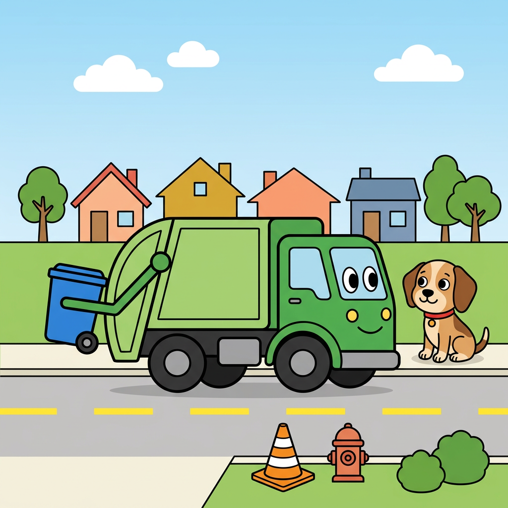Use the attached reference image as the EXACT style, character, color and palette authority: reproduce the same smiling green cartoon garbage truck, the same tan-and-brown beagle puppy (Scout) with a red collar, and the same flat bright children's-book palette, all on-model.
A flat, bright, friendly children's vector illustration for a toddler coloring-book FRONT cover. Thick bold uniform black outlines, clean flat color fills, no shading, no texture, no photorealism, no gradients except a soft blue sky. Square, full-bleed art running to all four edges, no white border or frame.
RENDER NO TEXT: no letters, no words, no title, no badge, no signature anywhere in the image. Leave the upper ~30 percent as clean open blue sky with only a couple of simple white clouds, and keep the lower-left corner clean. All text is added later by the publisher.
Layout shifted DOWN from the top with generous empty-sky headroom. Upper-middle: a cheerful row of small colorful houses (peach, mustard-yellow, soft orange, dusty blue) with simple triangle and flat roofs plus two rounded green trees on the horizon, friendly and small. CENTER: the two hero characters large and centered as a pair, on-model with the reference. The smiling green garbage truck has its cab and friendly face on the RIGHT side (two big oval eyes and a smile on the cab), a rounded lighter-green body, chunky black wheels, and a lifting arm holding a single bright blue recycling bin on the truck's left side. Do not mirror or flip the truck. To the truck's right sits Scout, a tan-and-light-brown beagle with darker brown ears and back patch, big round black eyes with white highlights, a black button nose, a soft happy smile, and a red collar with a small round tag, sitting upright and turned slightly toward the truck.
BOTTOM ~25 percent: a LIVELY flat street scene that replaces any dead flat gray band. A light-gray road spanning the full width with a dashed bright-yellow center line, the truck's wheels resting on the road; above the road a lighter curb-and-sidewalk strip where Scout sits, giving a clear sidewalk-versus-street distinction. Scatter a FEW friendly roadside props low and with breathing room across the bottom-center and bottom-RIGHT only: an orange-and-white traffic cone, a small fire hydrant or mailbox, and two or three small round green bushes echoing the trees. Keep the lower-LEFT corner clean and empty (no cone, no hydrant, no bushes, no characters there) because a badge is added later in that corner. Exactly ONE recycling bin in the whole image, the blue one in the truck's arm; no second bin. Road and sidewalk bleed to the bottom and side edges.
Keep the truck-and-dog pair horizontally centered with comfortable empty margin from BOTH the left and right edges. The left ~150 px is the spine seam: background bleeds fully to the left edge with no white gap, but that strip stays plain continuous color only, plain sky on top and plain road/sidewalk on the bottom, with no houses, trees, props, bins or characters in it; the truck's rear must stay out of that left strip.
Vivid primary palette: red, sky blue, grass green, sunny yellow, warm tan. Repeat green (truck, trees, bushes) and blue (sky, the single bin). Sunny, safe, playful morning-on-a-friendly-street mood, big shapes, lots of air, uncluttered for ages 2 to 4. Flat bright fills and thick black outlines throughout. No new characters, no extra trucks, no text.
quiet luxury, soft cinematic lighting, warm palette, professional, clean composition. gold and muted warm green color tones.
Do not include: cartoon, clipart, stock photo watermark, neon colors, face distortion, white coat, lab coat, doctor coat.