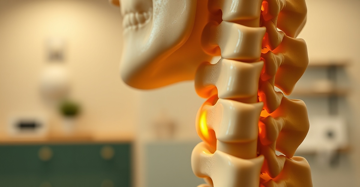 A photorealistic close-up of a physical cervical spine anatomical teaching model in a clean chiropractic clinic. Show C3 through C7 vertebrae and intervertebral discs clearly. At one lower-cervical level, show a small posterolateral bulging disc visibly narrowing the opening and pressing on the exiting nerve root. Use a restrained amber-red highlight only at the exact compression point so the pinched nerve is immediately understandable. The nerve root should continue naturally toward the shoulder. Anatomically plausible proportions, polished medical model materials, shallow depth of field, wide horizontal blog hero composition. No people, no hands, no treatment pose, no text, no labels, no arrows, no gore, no X-ray overlay, no floating or detached anatomy, no extra vertebrae, no duplicated nerves.
quiet luxury, soft cinematic lighting, warm palette, professional, clean composition. gold and muted warm green color tones.
Do not include: cartoon, clipart, stock photo watermark, neon colors, face distortion, white coat, lab coat, doctor coat.