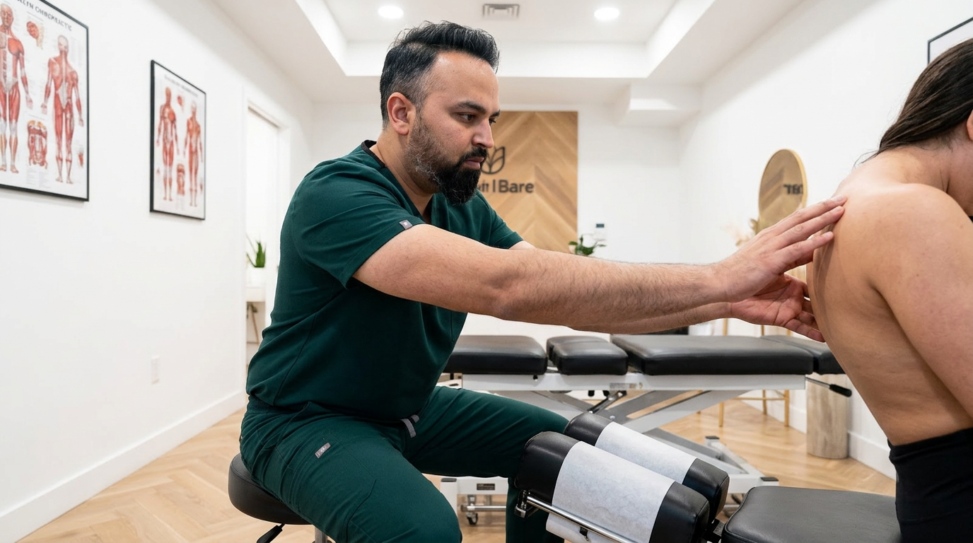 @drp Dr. Patel wearing dark green medical scrubs, three-quarter portrait view, examining a seated patient cervical spine with both hands, chiropractic adjustment table, warm clinical lighting, Brooklyn Chiropractic Care Greenpoint office, close crop on doctor and patient upper body, landscape wide angle, photorealistic professional medical photography
Dr. Patel: Adult South Asian man with a medium-to-deep warm brown skin tone and a strong, professional
appearance. Oval to slightly long face, with a broad forehead, high hairline, and a well-defined
beard that gives the lower face a stronger, more angular shape. Dark black hair with visible gray
at the temples and sides, worn short on the sides in a fade/taper and longer on top, styled upward
and back in a clean, voluminous quiff/pompadour. Hairline sits a bit high, with slight recession
at the temples. Thick, dark, straight to gently arched eyebrows. Dark brown, medium-sized,
slightly deep-set eyes with a calm, focused look. Medium width nose, straight in profile, with a
rounded tip. Medium fullness lips, lower lip slightly fuller. Full, connected beard and mustache,
mostly black with noticeable gray/silver strands, especially at the cheeks, sideburn area, and
chin. Beard is shorter and neater on the cheeks and fuller/longer at the chin. Strong and
masculine jawline. Solid and broad-shouldered, medium-to-stocky frame. Upright, composed, and
confident posture. Keep realistic skin texture, natural pores, subtle under-eye detail, and
authentic salt-and-pepper facial hair. Do not make the face overly smooth or overly youthful.
Treatment Room: A modern, narrow rectangular chiropractic treatment room with a clean, minimal, upscale clinical look. The room has bright matte white walls, a white ceiling, white baseboards, and light natural oak wood plank flooring with a soft warm tone. The overall design is simple, uncluttered, and professional, with a calm medical aesthetic rather than a spa aesthetic.
The central focal point of the room is a premium chiropractic treatment table placed lengthwise in the middle of the room. The table has dark charcoal or deep gray padding, a light gray to off-white metal frame, and multiple bright yellow adjustment levers and handles. The table is large, segmented, and clearly a specialized chiropractic table, not a massage table.
Along the main wall are three vertically oriented framed anatomy posters in thin black frames with white mats. The posters show classic medical anatomical illustrations, including the muscular system, skeletal system, and spinal nerves. They are evenly spaced and mounted in a straight horizontal row above and behind the table, creating a clean visual rhythm.
Near the back corner of the room is a narrow leaning ladder shelf with a black metal frame and light wood shelves. The shelf holds a small number of clinical and office items such as tissues, paper towels, wipes, baskets, and small containers. Beside the shelf is a round rolling stool with a dark padded seat and chrome base.
On one side of the room is a simple desk area with a light-colored office chair, computer equipment, and a few practical work items, but this area should remain secondary and not dominate the image. On the opposite end of the room is a white wall-mounted cabinet and a compact rolling clinical utility cart with electrotherapy or rehab equipment, folded towels, wires, and supplies.
The room also includes a black door with a tall rounded-rectangle vertical window, adding a modern architectural detail. A few visible cords and small clinical devices are acceptable, but the room should still feel tidy, intentional, and professional.
Lighting is bright, neutral-to-cool clinical overhead lighting with soft natural realism. The room should feel real, functional, and high-end, with clean lines, minimal decor, and a polished chiropractic practice atmosphere.
quiet luxury, soft cinematic lighting, warm palette, professional, clean composition. gold and muted warm green color tones.
Do not include: cartoon, clipart, stock photo watermark, neon colors, face distortion, white coat, lab coat, doctor coat.