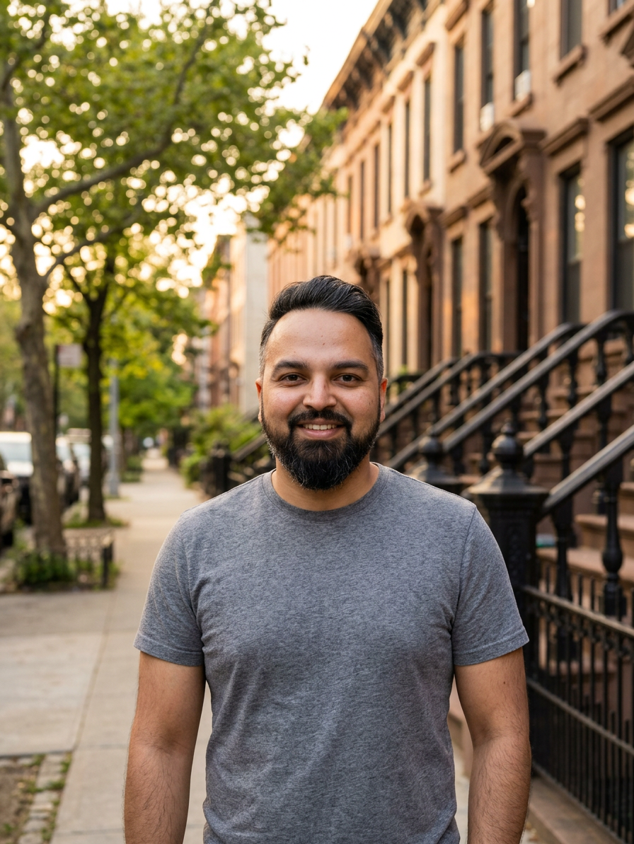 @drp portrait of Dr. Patel, a chiropractor, standing outdoors on a residential sidewalk in Bedford-Stuyvesant Brooklyn. Classic brownstone row houses with stoops and iron railings, mature trees with green leaves. He is wearing a gray crewneck t-shirt. Arms naturally at his sides, warm confident smile. Soft golden hour light. Shot on 85mm lens, shallow depth of field, natural skin texture. No white coat, no lab coat.

[Character: drp]  Adult South Asian man with a medium-to-deep warm brown skin tone and a strong, professional
  appearance. Oval to slightly long face, with a broad forehead, high hairline, and a well-defined
  beard that gives the lower face a stronger, more angular shape. Dark black hair with visible gray
  at the temples and sides, worn short on the sides in a fade/taper and longer on top, styled upward
   and back in a clean, voluminous quiff/pompadour. Hairline sits a bit high, with slight recession
  at the temples. Thick, dark, straight to gently arched eyebrows. Dark brown, medium-sized,
  slightly deep-set eyes with a calm, focused look. Medium width nose, straight in profile, with a
  rounded tip. Medium fullness lips, lower lip slightly fuller. Full, connected beard and mustache,
  mostly black with noticeable gray/silver strands, especially at the cheeks, sideburn area, and
  chin. Beard is shorter and neater on the cheeks and fuller/longer at the chin. Strong and
  masculine jawline. Solid and broad-shouldered, medium-to-stocky frame. Upright, composed, and
  confident posture. Keep realistic skin texture, natural pores, subtle under-eye detail, and
  authentic salt-and-pepper facial hair. Do not make the face overly smooth or overly youthful.

Style: quiet luxury, soft cinematic lighting, warm palette, professional, clean composition. Colors: primary #7F6B2E, secondary #9BA17F. Typography: Bodoni Moda headings, Manrope body.

Avoid: cartoon, clipart, stock photo watermark, neon colors, face distortion, white coat, lab coat, doctor coat