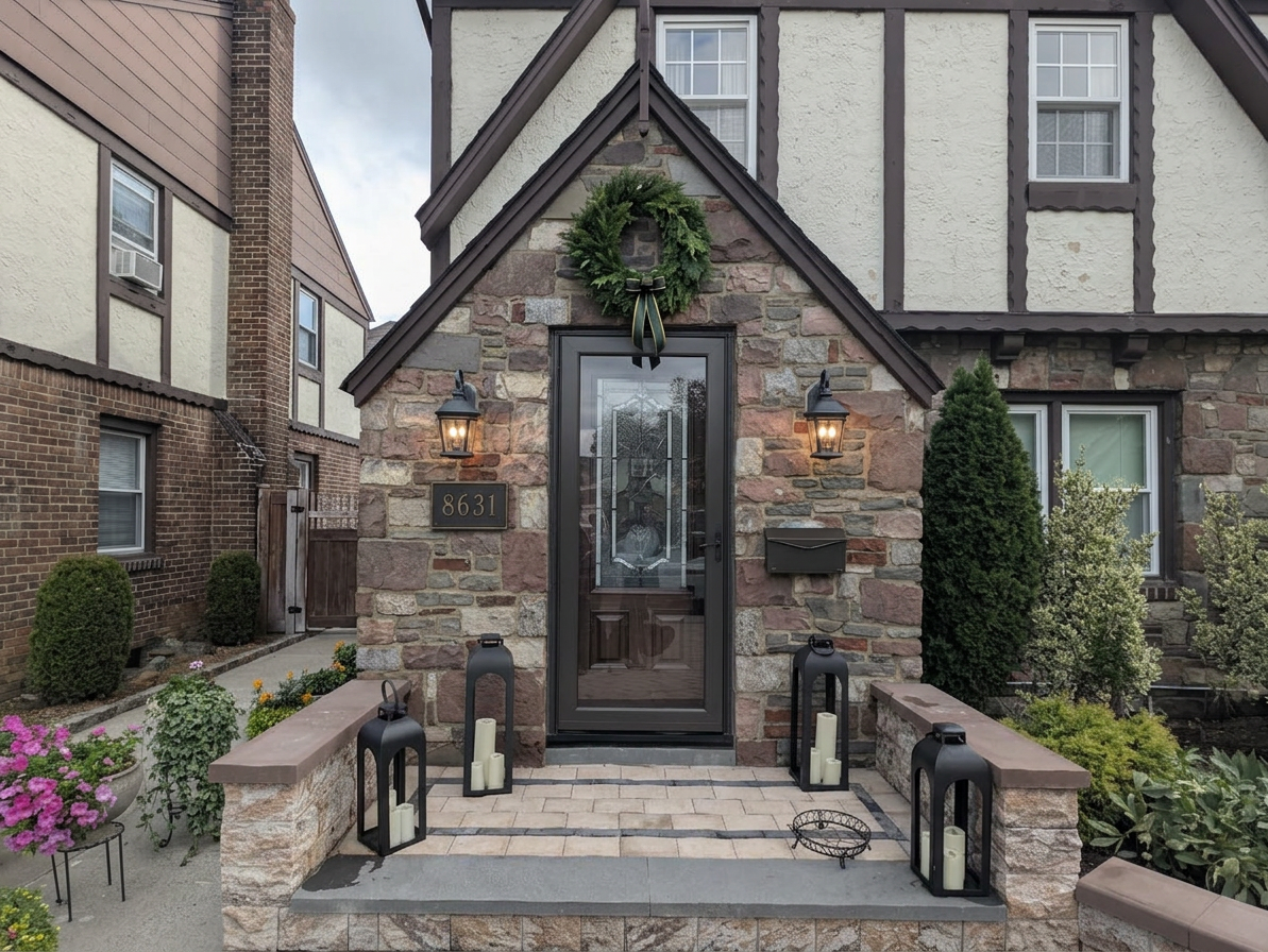 Create a photorealistic residential entrance renovation inspiration mockup by EDITING the supplied Home Front Entrance reference photograph, not inventing a different building. Preserve the original camera angle, exact irregular stone facade and mortar, steep triangular entrance gable, pointed finial, original door and storm door, stoop, low stone side walls, roofline and visible surroundings. Retain the house's authentic age and architectural character. Do not create a clinic, business branding, new windows, new door, new stone pattern or a generic mansion.
Design additions only: replace the existing single left wall light with TWO matching elegant traditional blackened-bronze wall lanterns with clear glass and warm light, one on each side of the door, at exactly the same height. Each lantern should be approximately 18-20 inches tall and 8-10 inches wide, sensibly scaled within the available 39-inch wall area on each side; keep door swing and opening clear. Mount the lanterns on the flanking stone walls, not on the door trim. Below the LEFT lantern place a compact tasteful dark address plaque, retaining only the original house number if legible; do not invent a new number or add a business sign. Below the RIGHT lantern place one restrained slim dark bronze wall-mounted mailbox, reachable from the stoop, visually aligned with the left plaque, smaller and quieter than the lantern. Remove the old duplicate mailbox/light rather than showing extra fixtures.
Center one simple natural green wreath with a subtle dark ribbon on the stone triangular field DIRECTLY ABOVE the door lintel, below the gable peak, completely clear of the finial and door opening. About 24 inches in diameter as a visual starting point; keep the stone surround visible. Nothing mounted to or covering the pointed finial. The wreath should feel integrated with the doorway, not floating at the highest peak. Restrained welcoming residential design, not holiday clutter. Daylight with subtle warm lantern glow so existing stone is clearly visible.
User-supplied proportions: wall area left and right each 39 inches wide; stoop-to-door measurement 92.5 inches; stoop to just below the top finial 136 inches. Use as approximate composition guidance, not a construction plan. No dimension graphics, labels, people, watermarks, additional wreaths or decorative objects. Highest priority is recognizably the SAME house as the reference photograph.

Home Front Entrance is depicted as: The exact private residential front entrance in the primary reference photograph. Tudor-style facade with irregular multicolored stone masonry, steep triangular stone entrance gable, dark brown trim and narrow pointed finial, centered dark-framed glazed storm door over a wood door, paved raised stoop, low stone side walls with brown caps, existing landscaping and neighboring context. Existing wall light and house-number plaque are left of the door; mailbox is right. Preserve actual architecture, stone pattern, door dimensions, perspective and proportions. Only change fixtures and decor explicitly requested. Do not replace this with a generic house or clinic. User measurements: use 39 inches of wall width on EACH side of door; stoop-to-door measurement 92.5 inches (endpoint as stated, not independently surveyed); stoop to just below the pointed finial 136 inches. These are design guidance, not a measured construction drawing..

quiet luxury, soft cinematic lighting, warm palette, professional, clean composition. gold and muted warm green color tones.

Do not include: cartoon, clipart, stock photo watermark, neon colors, face distortion, white coat, lab coat, doctor coat.
