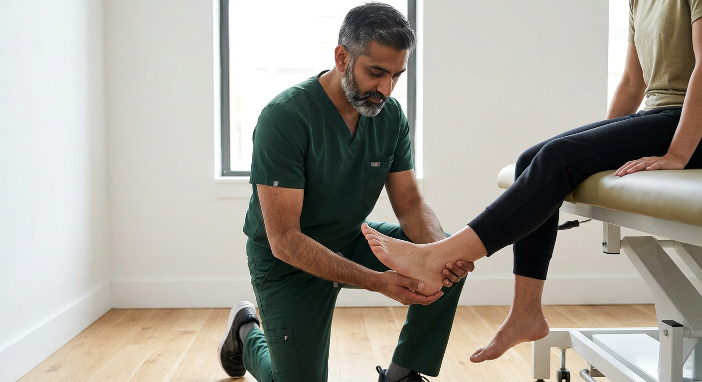 Dr. Patel, a warm South Asian male chiropractor in his early 40s wearing dark green scrubs, kneeling and gently examining a patient's heel and arch in a modern Brooklyn clinic with white walls, oak floors, large window with morning light, neutral wellness aesthetic. Patient seated on treatment table, foot extended for assessment. No white coat. Professional medical photography, soft natural lighting, sharp focus on hands and foot, photorealistic.

Dr. Patel is depicted as:  Adult South Asian man with a medium-to-deep warm brown skin tone and a strong, professional
  appearance. Oval to slightly long face, with a broad forehead, high hairline, and a well-defined
  beard that gives the lower face a stronger, more angular shape. Dark black hair with visible gray
  at the temples and sides, worn short on the sides in a fade/taper and longer on top, styled upward
   and back in a clean, voluminous quiff/pompadour. Hairline sits a bit high, with slight recession
  at the temples. Thick, dark, straight to gently arched eyebrows. Dark brown, medium-sized,
  slightly deep-set eyes with a calm, focused look. Medium width nose, straight in profile, with a
  rounded tip. Medium fullness lips, lower lip slightly fuller. Full, connected beard and mustache,
  mostly black with noticeable gray/silver strands, especially at the cheeks, sideburn area, and
  chin. Beard is shorter and neater on the cheeks and fuller/longer at the chin. Strong and
  masculine jawline. Solid and broad-shouldered, medium-to-stocky frame. Upright, composed, and
  confident posture. Keep realistic skin texture, natural pores, subtle under-eye detail, and
  authentic salt-and-pepper facial hair. Do not make the face overly smooth or overly youthful..

quiet luxury, soft cinematic lighting, warm palette, professional, clean composition. gold and muted warm green color tones.

Do not include: cartoon, clipart, stock photo watermark, neon colors, face distortion, white coat, lab coat, doctor coat.