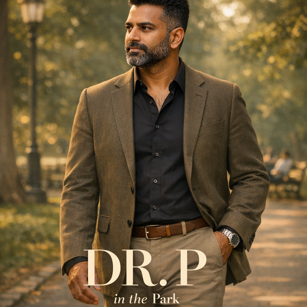 @drp walking in the park.

[Character: drp]  Adult South Asian man with a medium-to-deep warm brown skin tone and a strong, professional
  appearance. Oval to slightly long face, with a broad forehead, high hairline, and a well-defined
  beard that gives the lower face a stronger, more angular shape. Dark black hair with visible gray
  at the temples and sides, worn short on the sides in a fade/taper and longer on top, styled upward
   and back in a clean, voluminous quiff/pompadour. Hairline sits a bit high, with slight recession
  at the temples. Thick, dark, straight to gently arched eyebrows. Dark brown, medium-sized,
  slightly deep-set eyes with a calm, focused look. Medium width nose, straight in profile, with a
  rounded tip. Medium fullness lips, lower lip slightly fuller. Full, connected beard and mustache,
  mostly black with noticeable gray/silver strands, especially at the cheeks, sideburn area, and
  chin. Beard is shorter and neater on the cheeks and fuller/longer at the chin. Strong and
  masculine jawline. Solid and broad-shouldered, medium-to-stocky frame. Upright, composed, and
  confident posture. Keep realistic skin texture, natural pores, subtle under-eye detail, and
  authentic salt-and-pepper facial hair. Do not make the face overly smooth or overly youthful.

Style: quiet luxury, soft cinematic lighting, warm palette, professional, clean composition. Colors: primary #7F6B2E, secondary #9BA17F. Typography: Bodoni Moda headings, Manrope body.

Avoid: cartoon, clipart, stock photo watermark, neon colors, face distortion