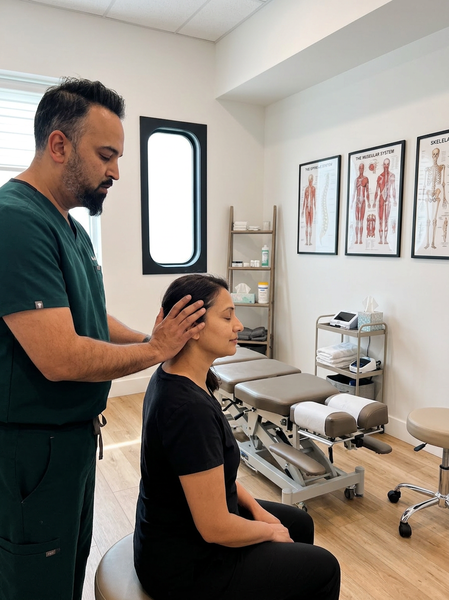 @drp, a male chiropractor in dark green scrubs standing to the side of a seated female patient, gently palpating the base of her skull and upper neck from behind with one hand, patient sitting upright and relaxed with a calm expression, bright modern chiropractic clinic with spine charts, warm natural light, professional documentary photograph, respectful clinical side view
Dr. Patel: Adult South Asian man with a medium-to-deep warm brown skin tone and a strong, professional
appearance. Oval to slightly long face, with a broad forehead, high hairline, and a well-defined
beard that gives the lower face a stronger, more angular shape. Dark black hair with visible gray
at the temples and sides, worn short on the sides in a fade/taper and longer on top, styled upward
and back in a clean, voluminous quiff/pompadour. Hairline sits a bit high, with slight recession
at the temples. Thick, dark, straight to gently arched eyebrows. Dark brown, medium-sized,
slightly deep-set eyes with a calm, focused look. Medium width nose, straight in profile, with a
rounded tip. Medium fullness lips, lower lip slightly fuller. Full, connected beard and mustache,
mostly black with noticeable gray/silver strands, especially at the cheeks, sideburn area, and
chin. Beard is shorter and neater on the cheeks and fuller/longer at the chin. Strong and
masculine jawline. Solid and broad-shouldered, medium-to-stocky frame. Upright, composed, and
confident posture. Keep realistic skin texture, natural pores, subtle under-eye detail, and
authentic salt-and-pepper facial hair. Do not make the face overly smooth or overly youthful.
Treatment Room: A modern, narrow rectangular chiropractic treatment room with a clean, minimal, upscale clinical look. The room has bright matte white walls, a white ceiling, white baseboards, and light natural oak wood plank flooring with a soft warm tone. The overall design is simple, uncluttered, and professional, with a calm medical aesthetic rather than a spa aesthetic.
The central focal point of the room is a premium chiropractic treatment table placed lengthwise in the middle of the room. The table has dark charcoal or deep gray padding, a light gray to off-white metal frame, and multiple bright yellow adjustment levers and handles. The table is large, segmented, and clearly a specialized chiropractic table, not a massage table.
Along the main wall are three vertically oriented framed anatomy posters in thin black frames with white mats. The posters show classic medical anatomical illustrations, including the muscular system, skeletal system, and spinal nerves. They are evenly spaced and mounted in a straight horizontal row above and behind the table, creating a clean visual rhythm.
Near the back corner of the room is a narrow leaning ladder shelf with a black metal frame and light wood shelves. The shelf holds a small number of clinical and office items such as tissues, paper towels, wipes, baskets, and small containers. Beside the shelf is a round rolling stool with a dark padded seat and chrome base.
On one side of the room is a simple desk area with a light-colored office chair, computer equipment, and a few practical work items, but this area should remain secondary and not dominate the image. On the opposite end of the room is a white wall-mounted cabinet and a compact rolling clinical utility cart with electrotherapy or rehab equipment, folded towels, wires, and supplies.
The room also includes a black door with a tall rounded-rectangle vertical window, adding a modern architectural detail. A few visible cords and small clinical devices are acceptable, but the room should still feel tidy, intentional, and professional.
Lighting is bright, neutral-to-cool clinical overhead lighting with soft natural realism. The room should feel real, functional, and high-end, with clean lines, minimal decor, and a polished chiropractic practice atmosphere.
quiet luxury, soft cinematic lighting, warm palette, professional, clean composition. gold and muted warm green color tones.
Do not include: cartoon, clipart, stock photo watermark, neon colors, face distortion, white coat, lab coat, doctor coat.