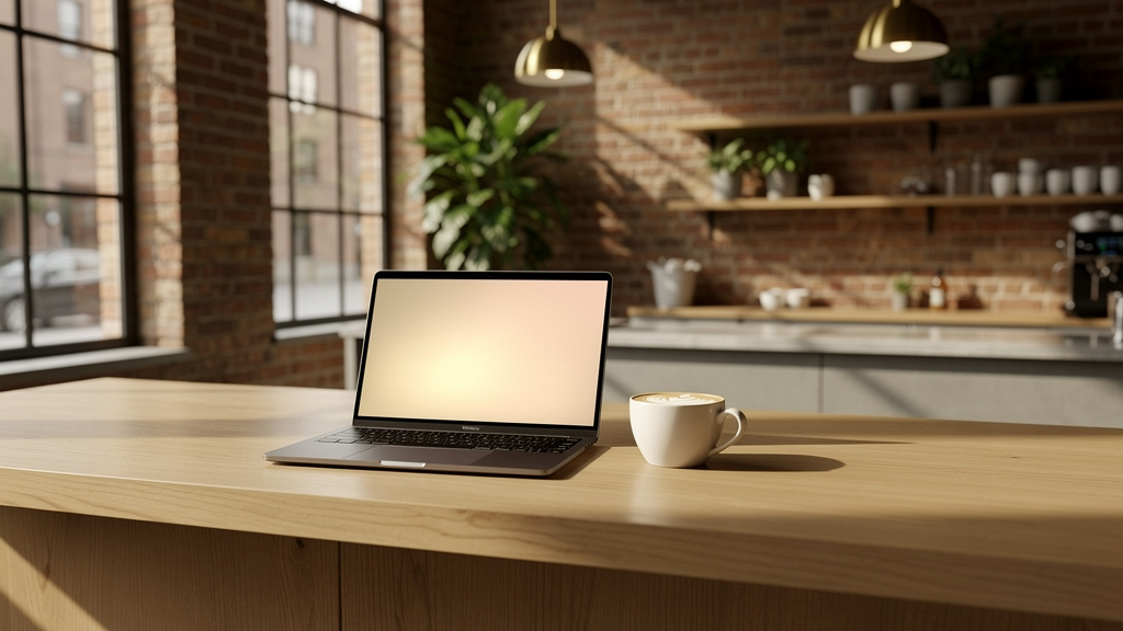 Modern Brooklyn coffee shop interior with a laptop open on a standing-height wooden counter next to a ceramic latte mug, warm natural light streaming through large industrial windows, exposed brick walls, concrete floor, minimalist Scandinavian aesthetic, potted plants, morning light, wide angle landscape, photorealistic professional interior photography

quiet luxury, soft cinematic lighting, warm palette, professional, clean composition. gold and muted warm green color tones.

Do not include: cartoon, clipart, stock photo watermark, neon colors, face distortion, white coat, lab coat, doctor coat.